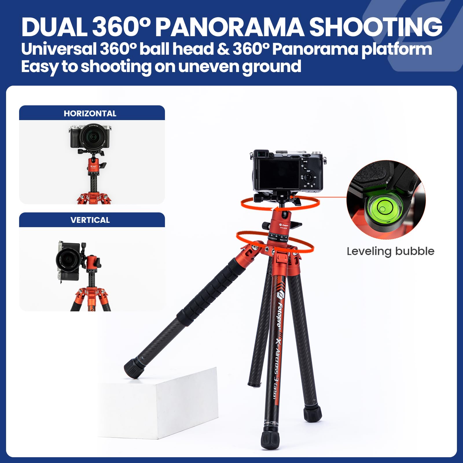 Fotopro Carbon Fiber Tripod For Camera 2Lbs Ultralight 62 Inch Travel Camera Tripod Max Loads Up 22Lbs X Aircross 3 Orange