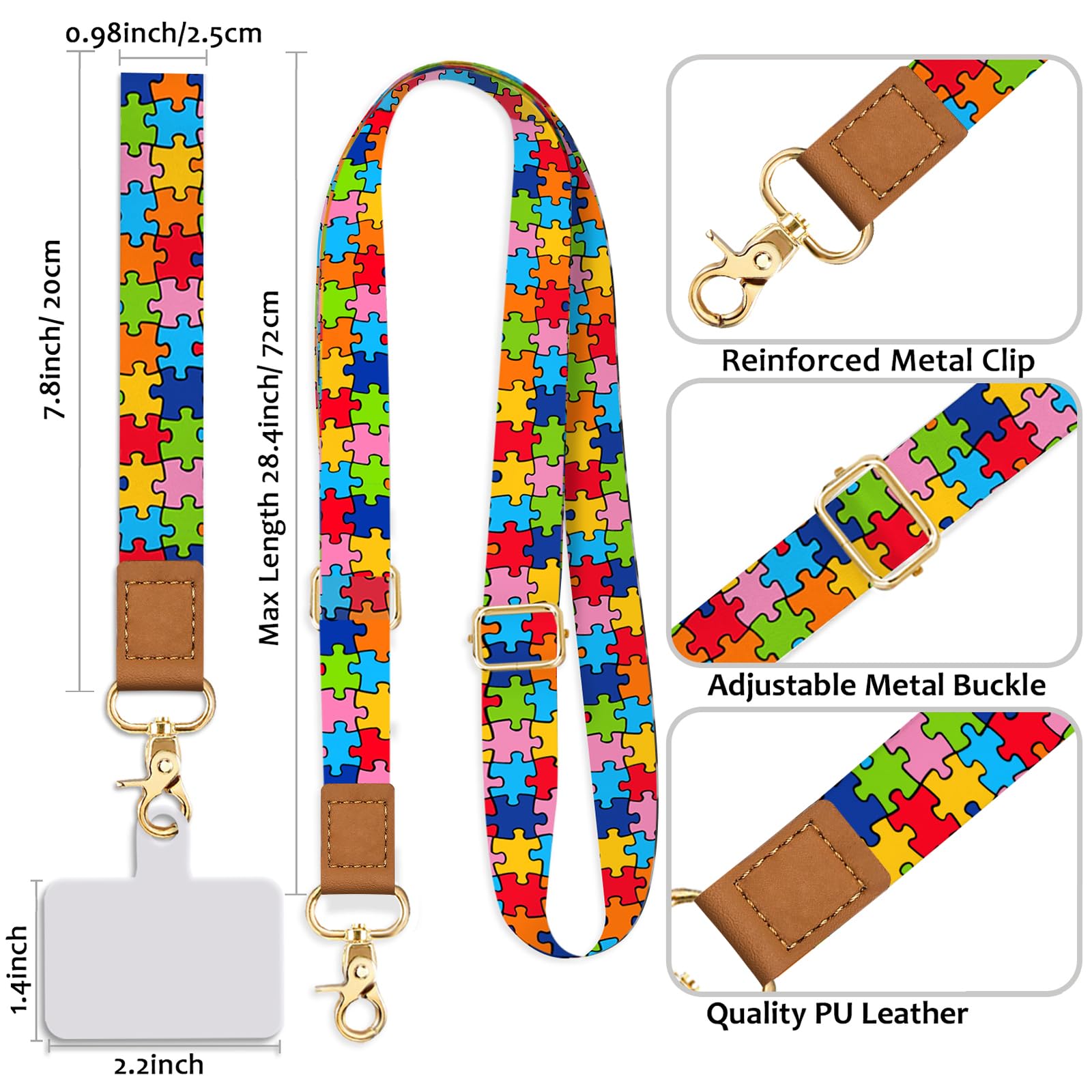 Phone Lanyard Wrist Strap Crossbody, Autism Puzzle Cell Phone Lanyard For Around The Neck Wristlet Adjustable Phone Strap Compat