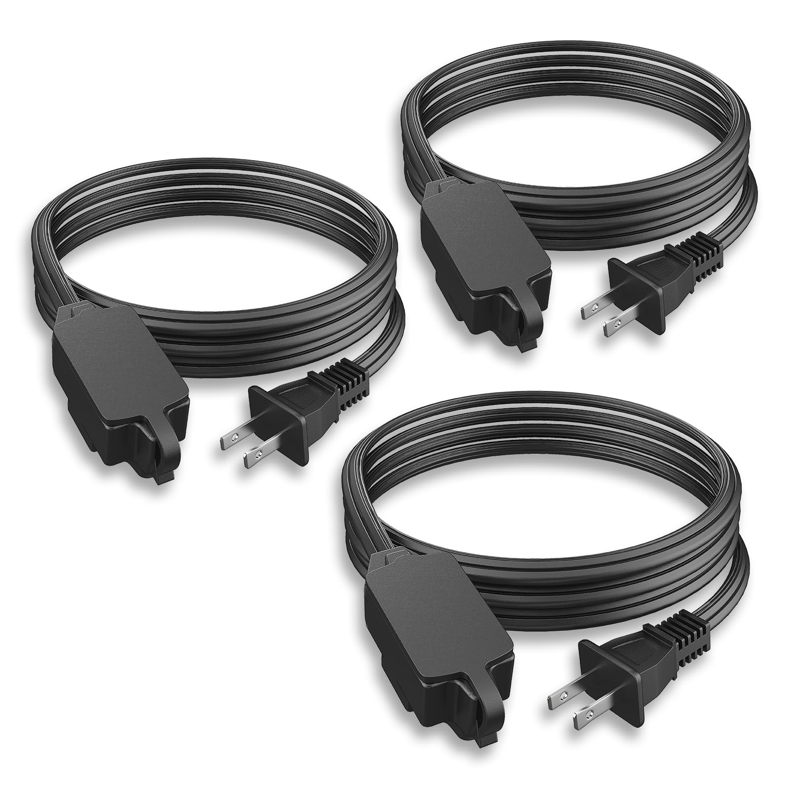 Plugtul Indoor Extension Cord 10 Ft, 2 Prong Black Extension Cord, 3 Polarized Outlets With Safety Cap Protect For Home Office,