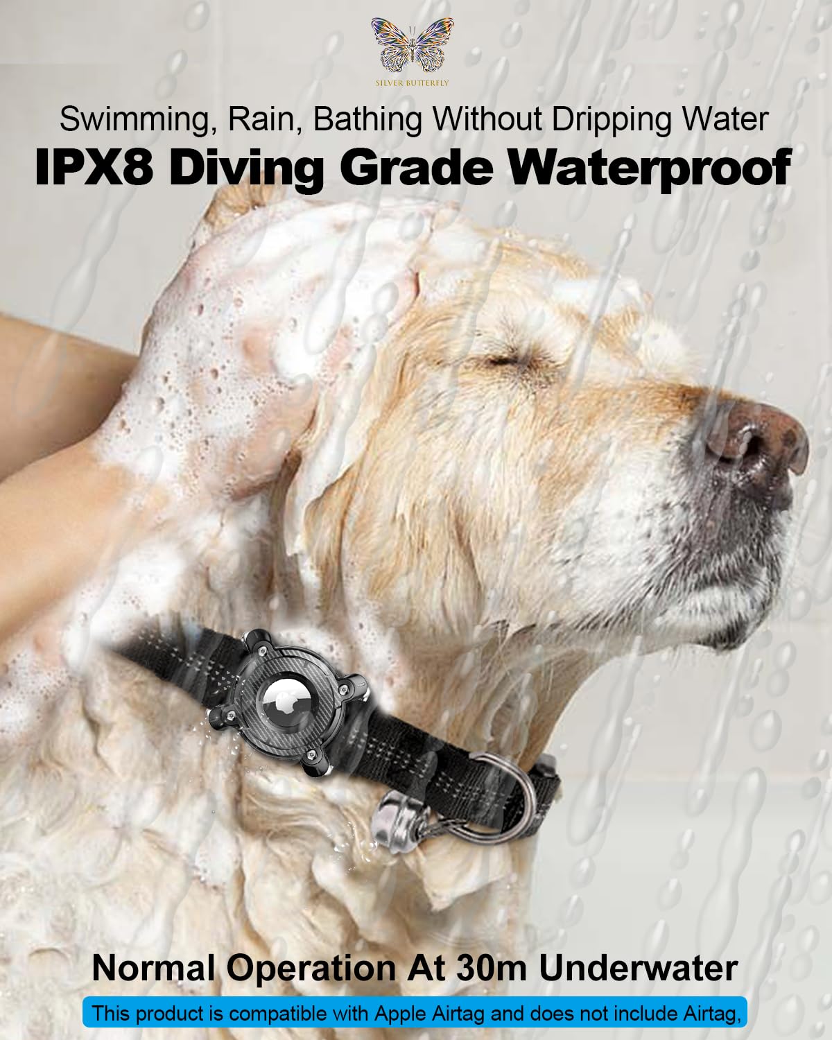 DEERLET AirTag Dog Collar Holder IPX8 Waterproof Removable Metal Buckle Hard TPU Black
