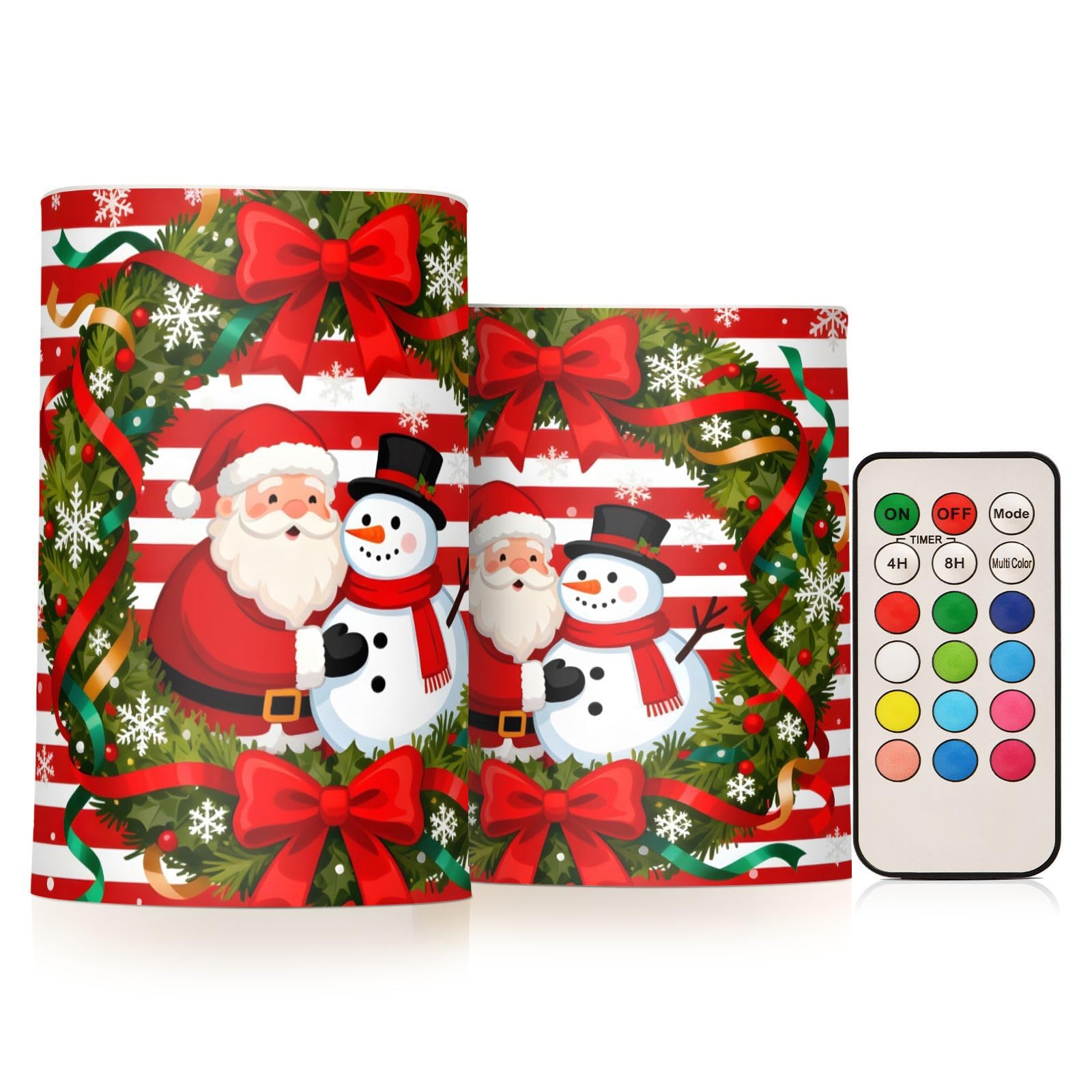Flickering Flameless Candles, Christmas Santa Snowman Bow Wreath LED Candles with Remote Timer, Set of 2 Battery Operated Candle