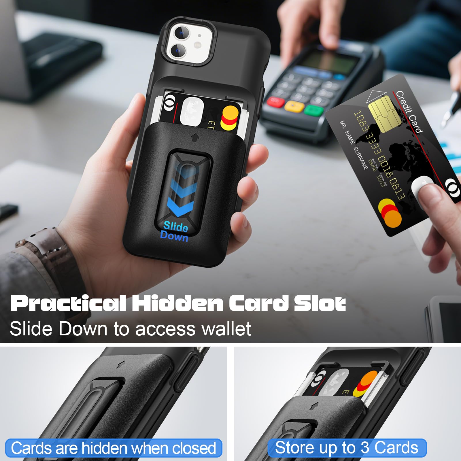 Samonpow For Iphone 12/12 Pro Case Wallet With Card Holder [3 Cards] & Stand Heavy Duty Protective Shockproof Hidden Card Slot W