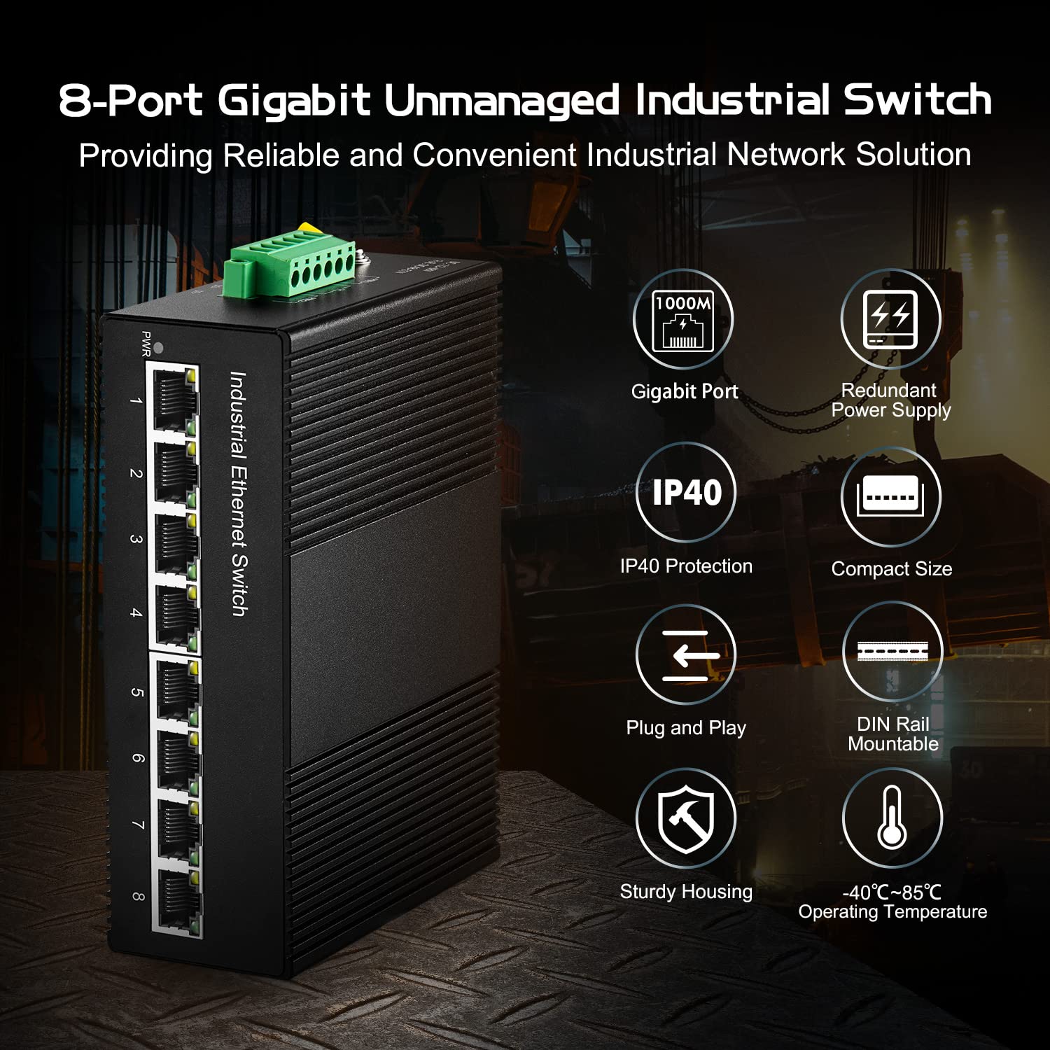 Binardat 8 Port Gigabit Din Rail Industrial Ethernet Switch, 8 Ports 10/100/1000Mbps, Fanless Wall Mount, With One Power Supply
