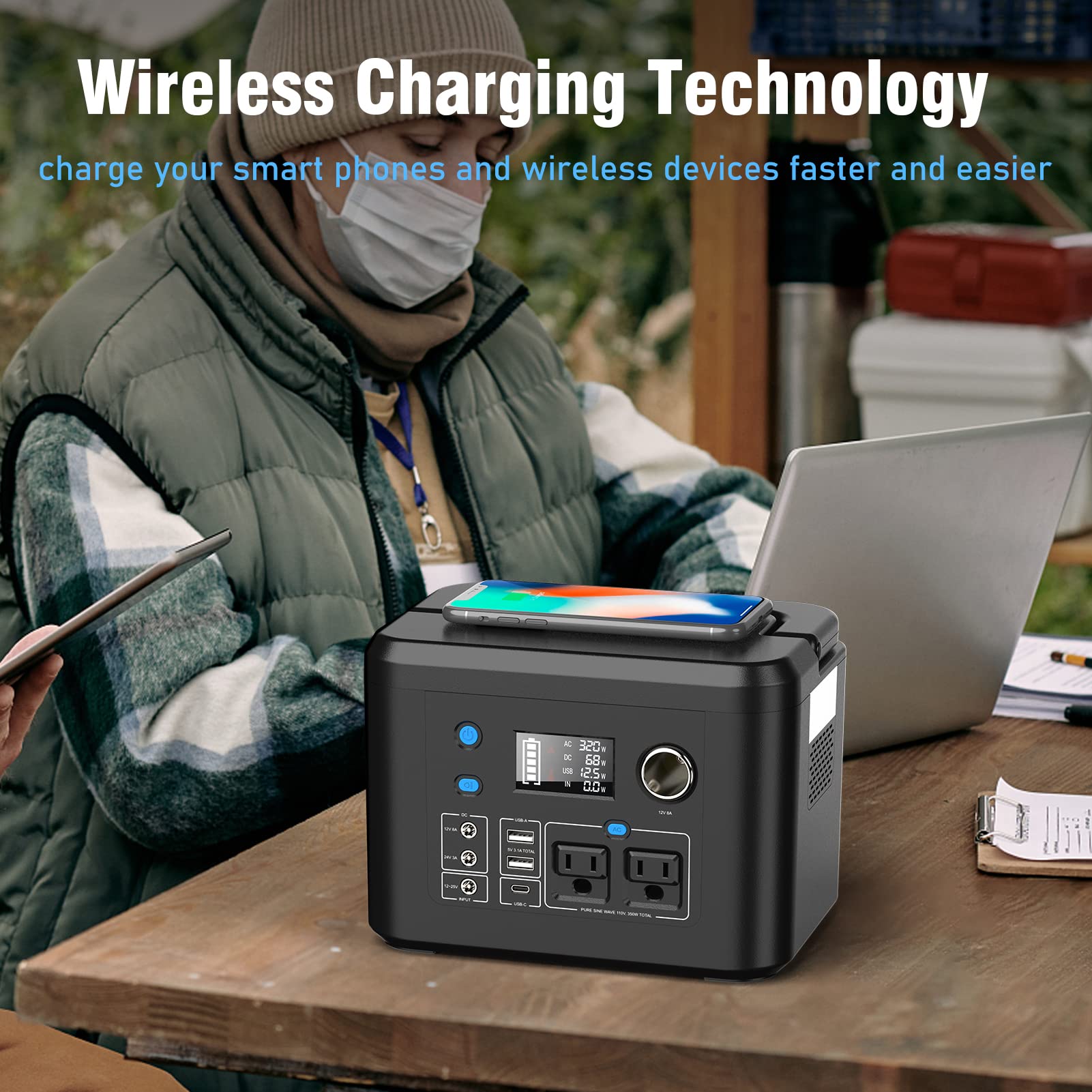 Portable Power Station 350W, Powkey 260Wh/70,000Mah Backup Lithium Battery, 110V Pure Sine Wave Power Bank With 2 Ac Outlets, Po