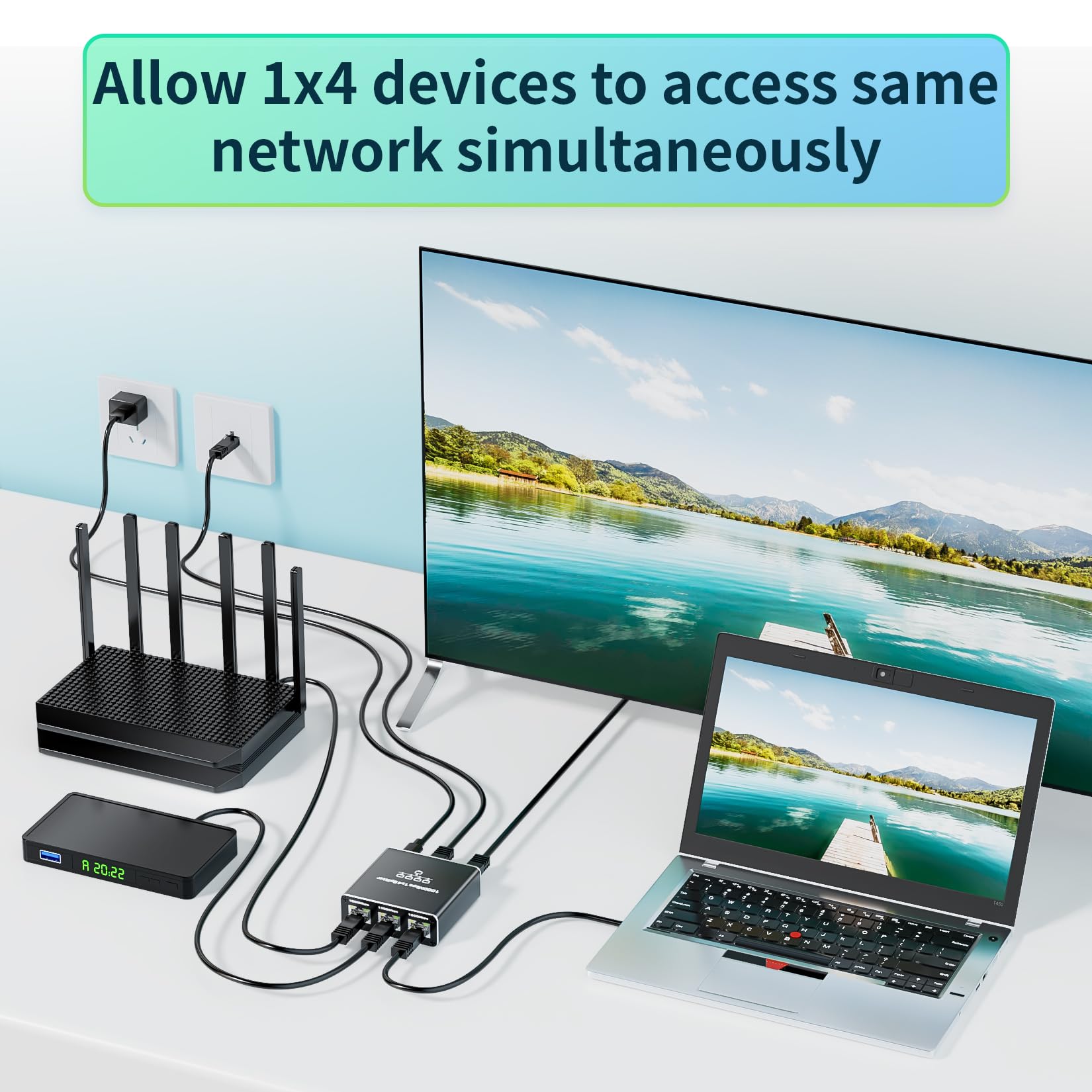 Ethernet Splitter 1 To 4, 1000Mbps Rj45 Ethernet Cable Splitter With Power Cable