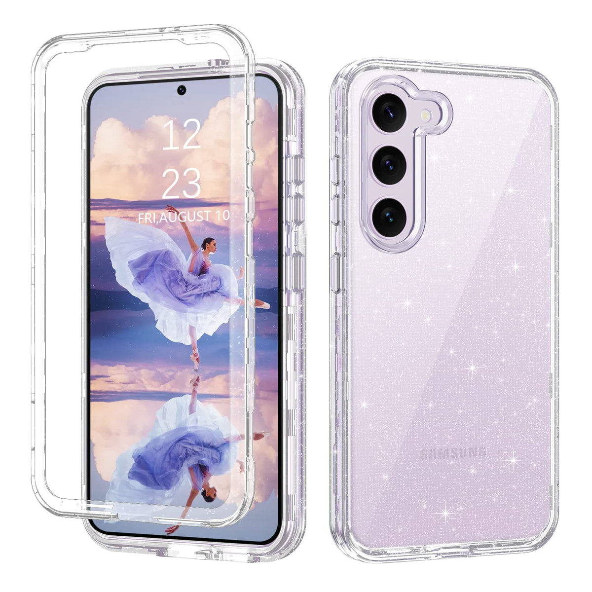Duedue For Samsung Galaxy S23 Plus Case, Glitter 3 In 1 Heavy Duty Cover Hybrid Hard Pc Rugged Shockproof Transparent Bling Spar
