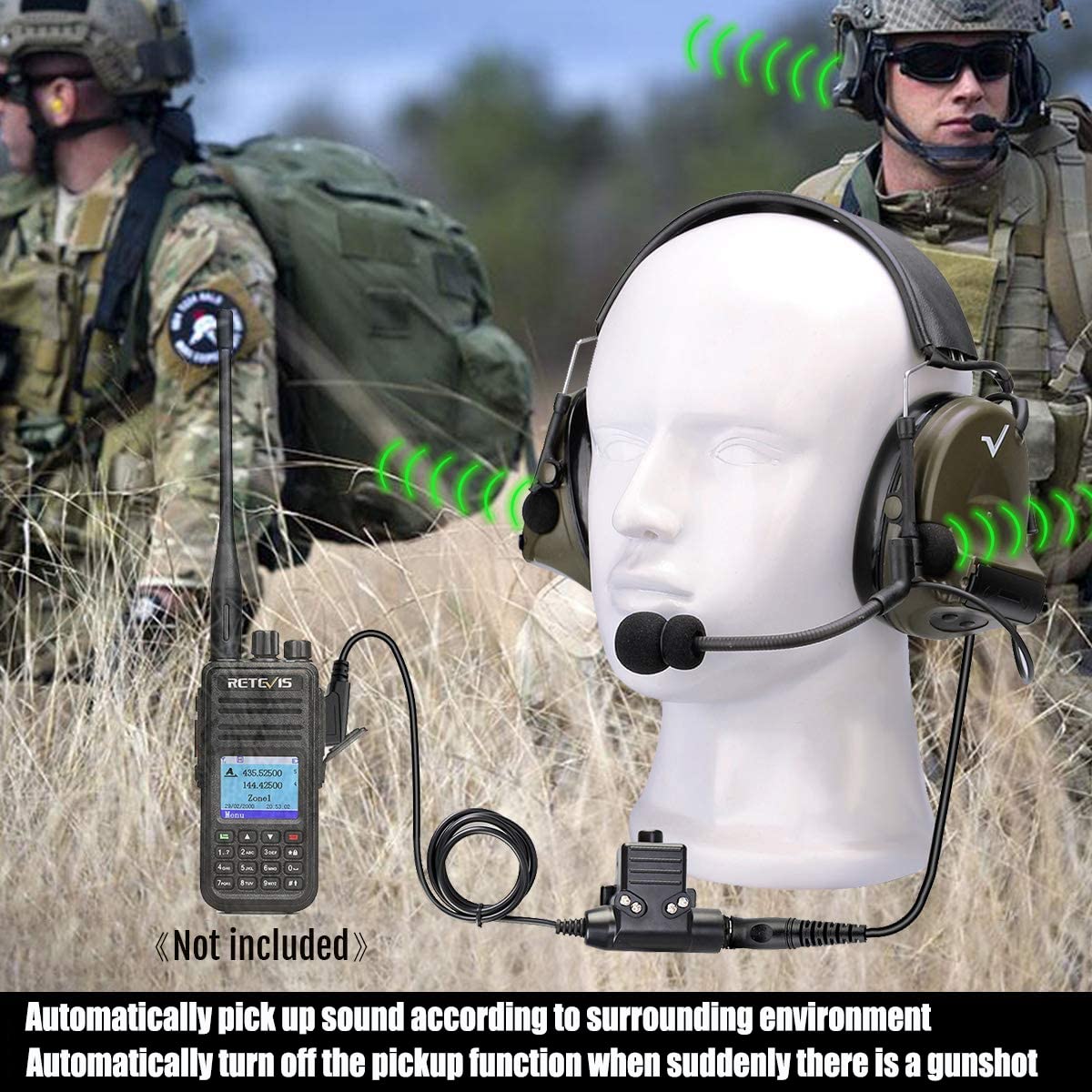 Retevis Ehk007 Tactical Headset,Hunting & Shooting Earmuffs With Mic,Sound Amplification,Noise Reduction Walkie Talkie Headset,F