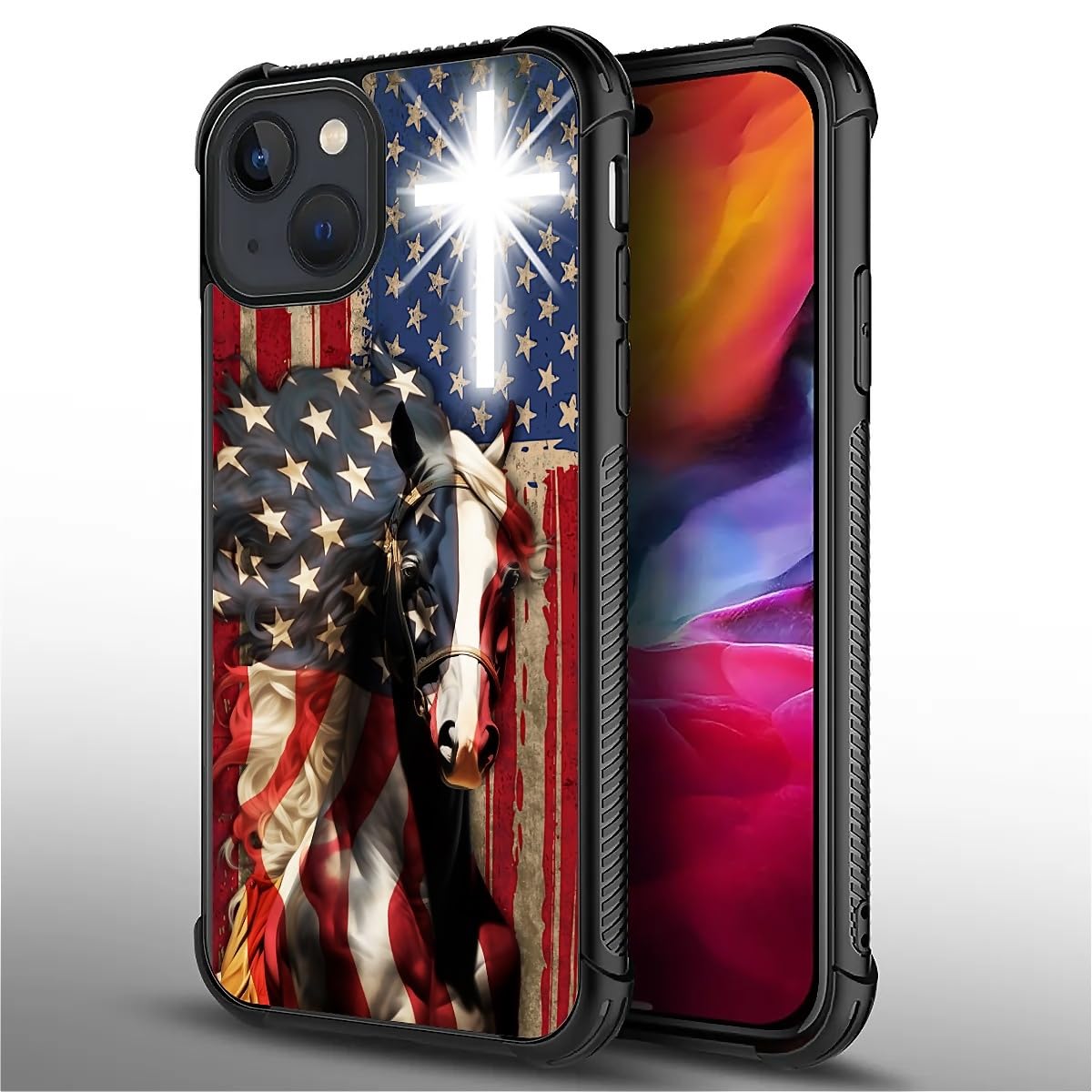 Fkbrcl4U For Iphone 15 Case, Red American Flag Horse Cross Pattern Graphic Design Girl Boy Soft Silicone Hard Acrylic Shock Prot