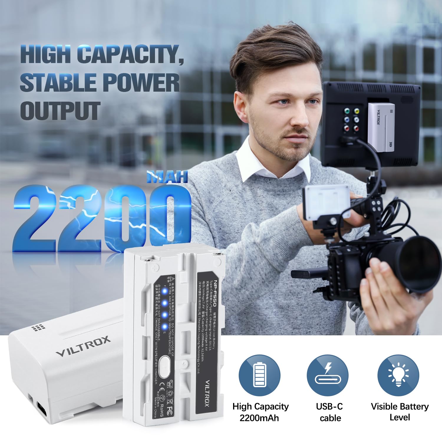 Viltrox Np F550 Battery 2 Packs, Replacement For Sony Np F550 F570 F750 F770 F950 F960 F970, Compatible With Led Light/Monitor/C