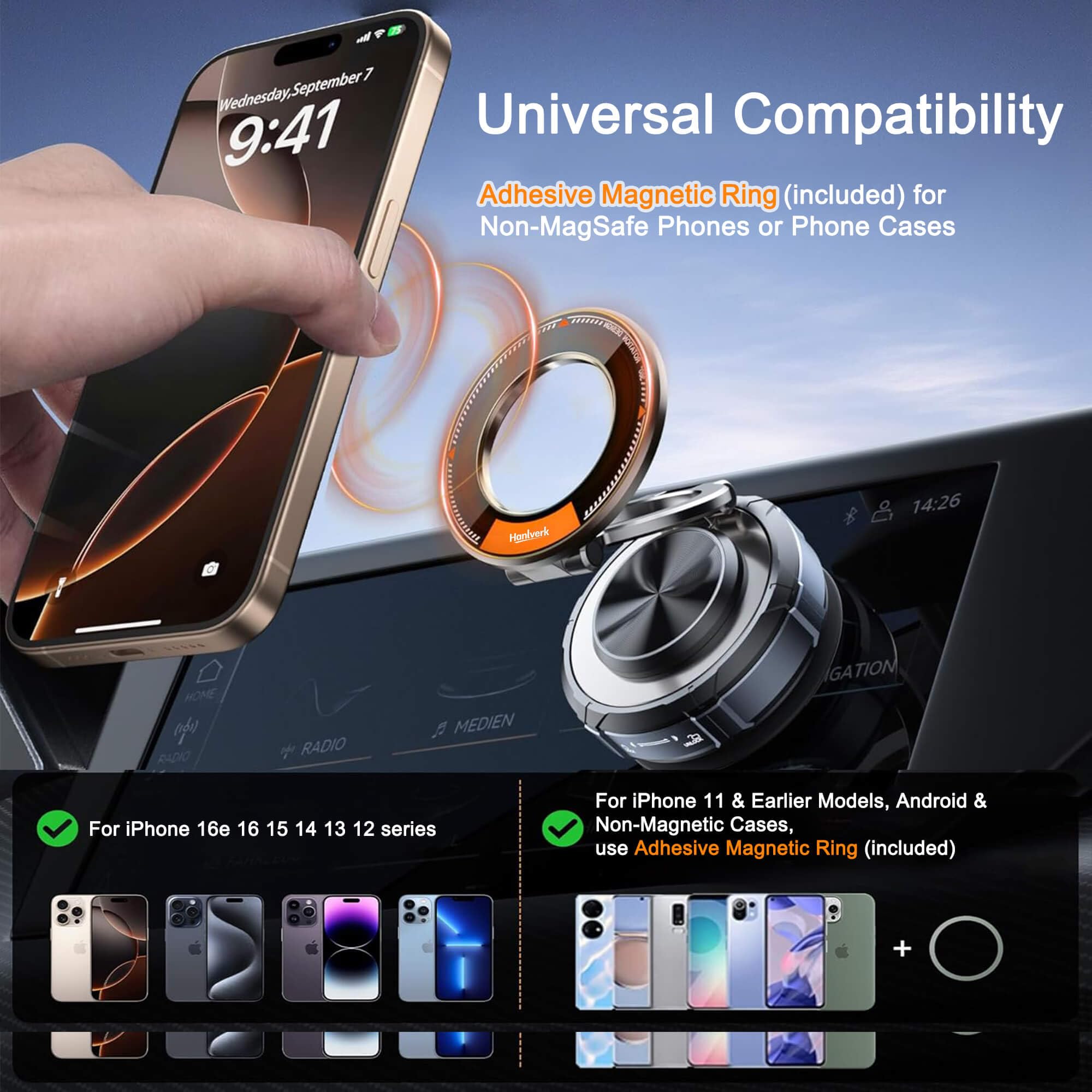 Magnetic Phone Holder, Car Mount For Magsafe, Enhanced Vacuum Suction Cup, Strong N52 Magnets, 360 Adjustable, Cell Phone Access