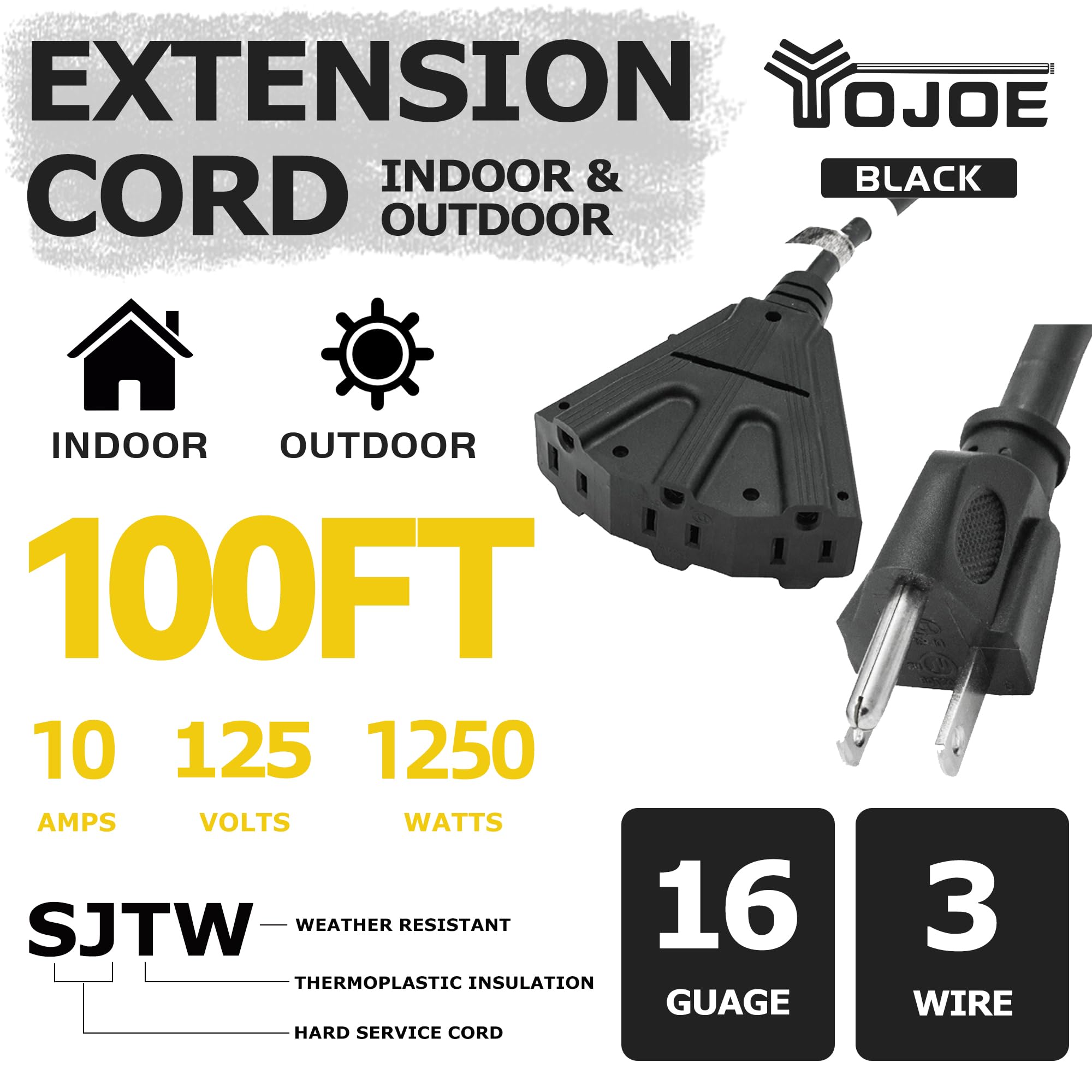 Yojoe 3 Outlets Indoor Outdoor Extension Cord, 3 Prong 10A Weatherproof Power Cord Multiple Outlets, 16 Gauge Heavy Duty 100 Ft