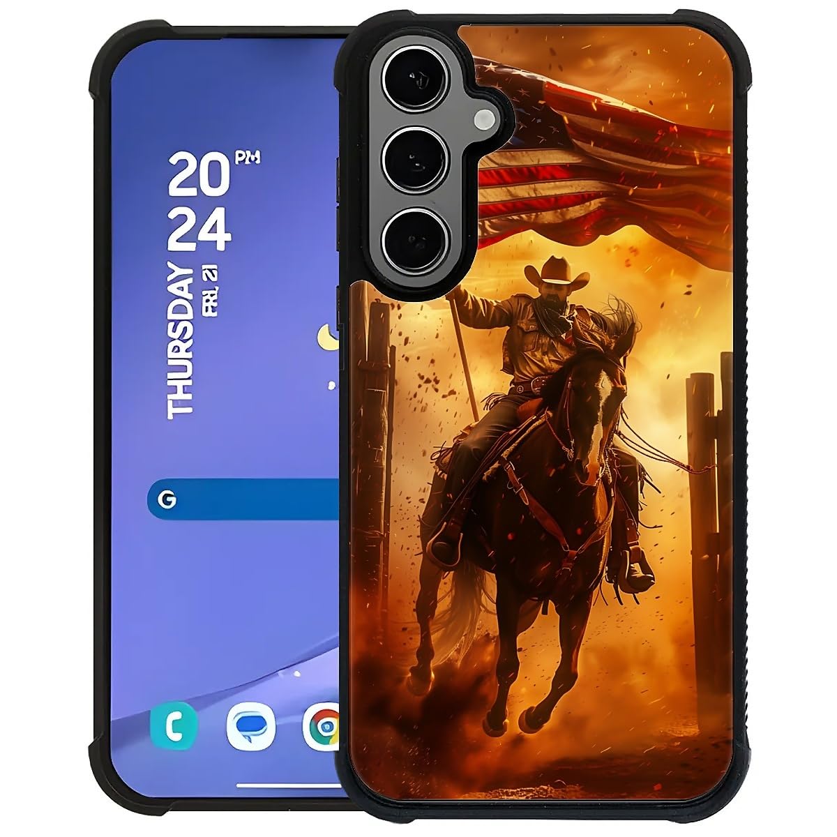 Carloca Compatible With Samsung Galaxy S24 Plus Case, Horse American Flag Cowboy Pattern For Girl Ultra Protection Shockproof So