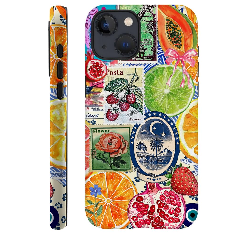 kiritfox Case Compatible with iPhone 14,Hybrid 2-Layer Hard Shell,Shockproof Soft for Girl Women,European Lemon Stamp Collage