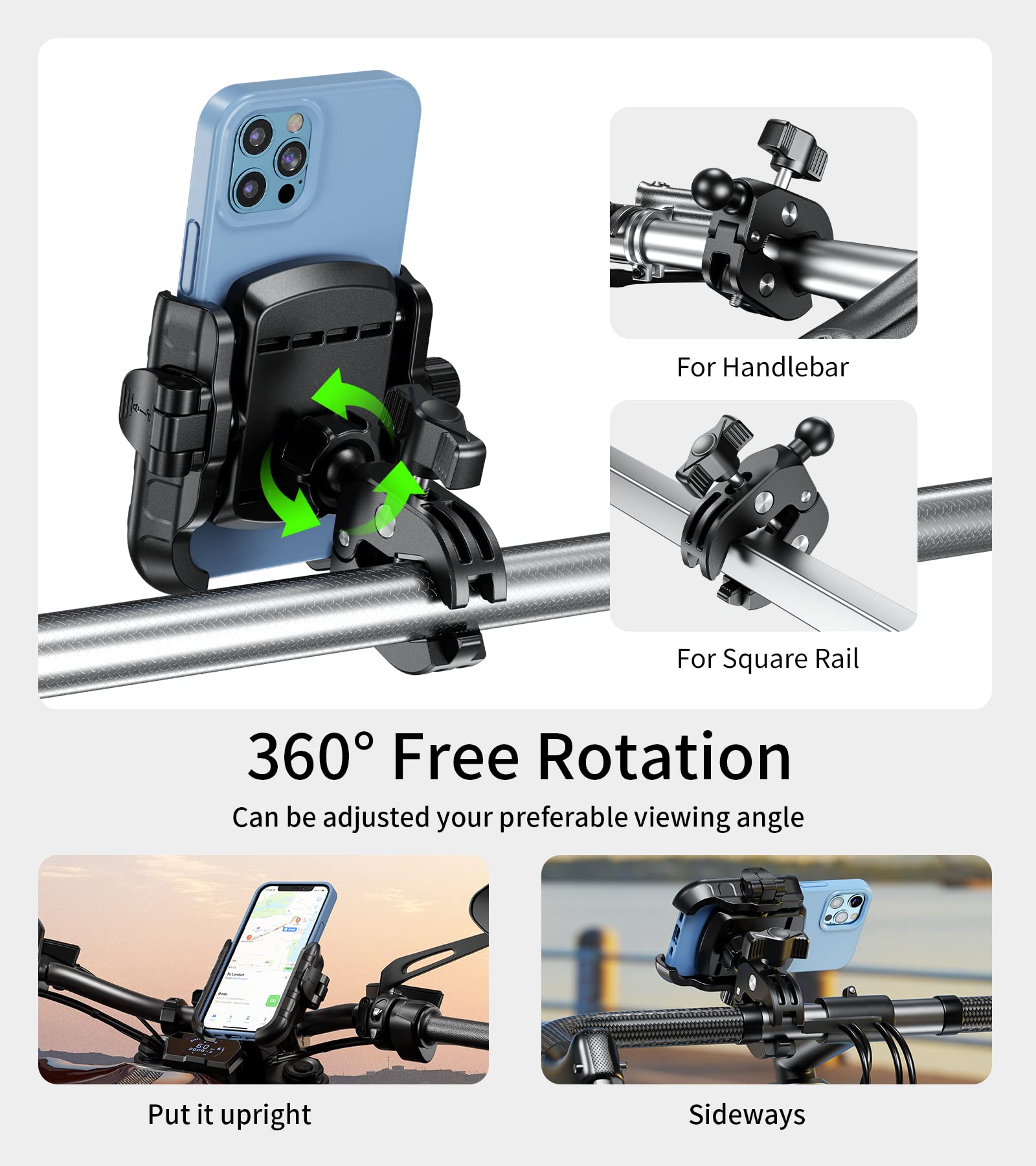 Kewig Motorcycle Phone Mount, Adjustable Handlebar Clip, 360 Rotation, Camera Friendly, Wide Compatible, Secure Phone Holder, Un