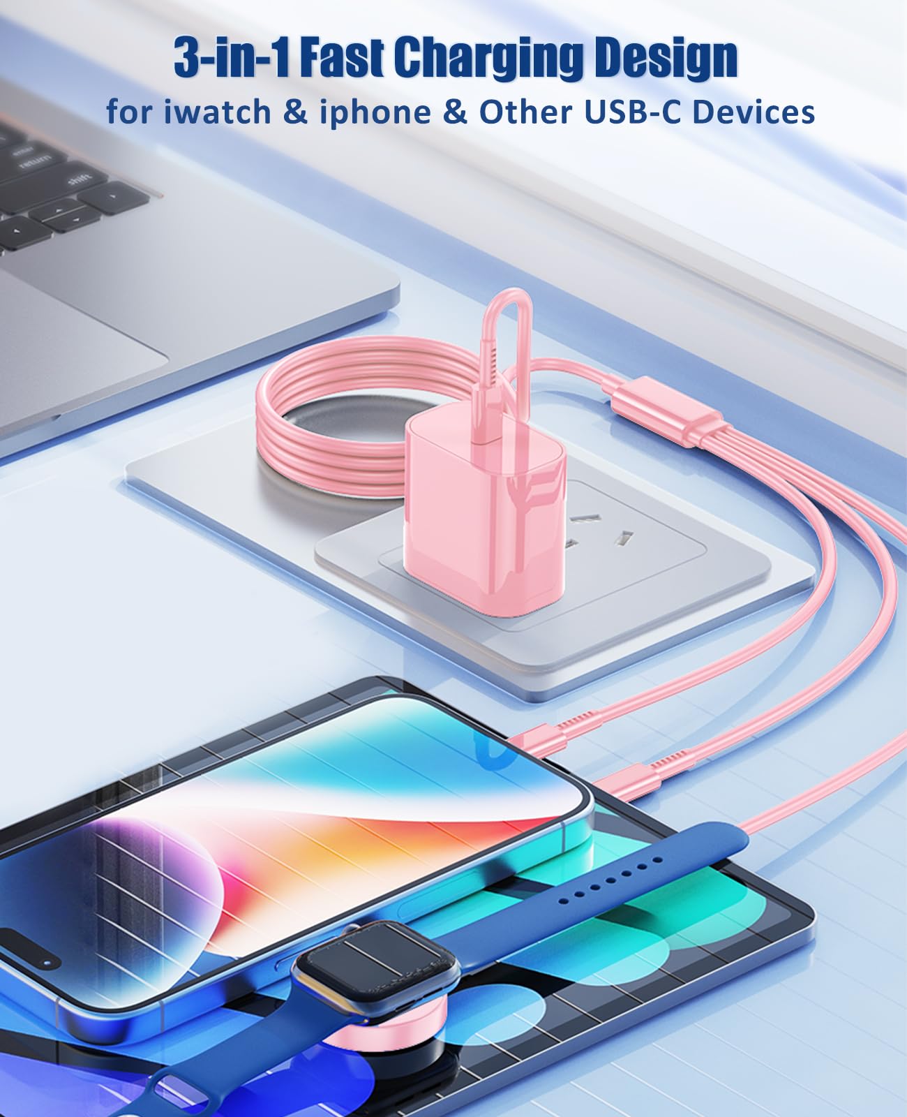 Hcoob For Apple Watch Charger 6Ft, 3 In 1 Magnetic Smart Iwatch Fast Charger Cable With 20W Type C Wall Charger Block For Apple