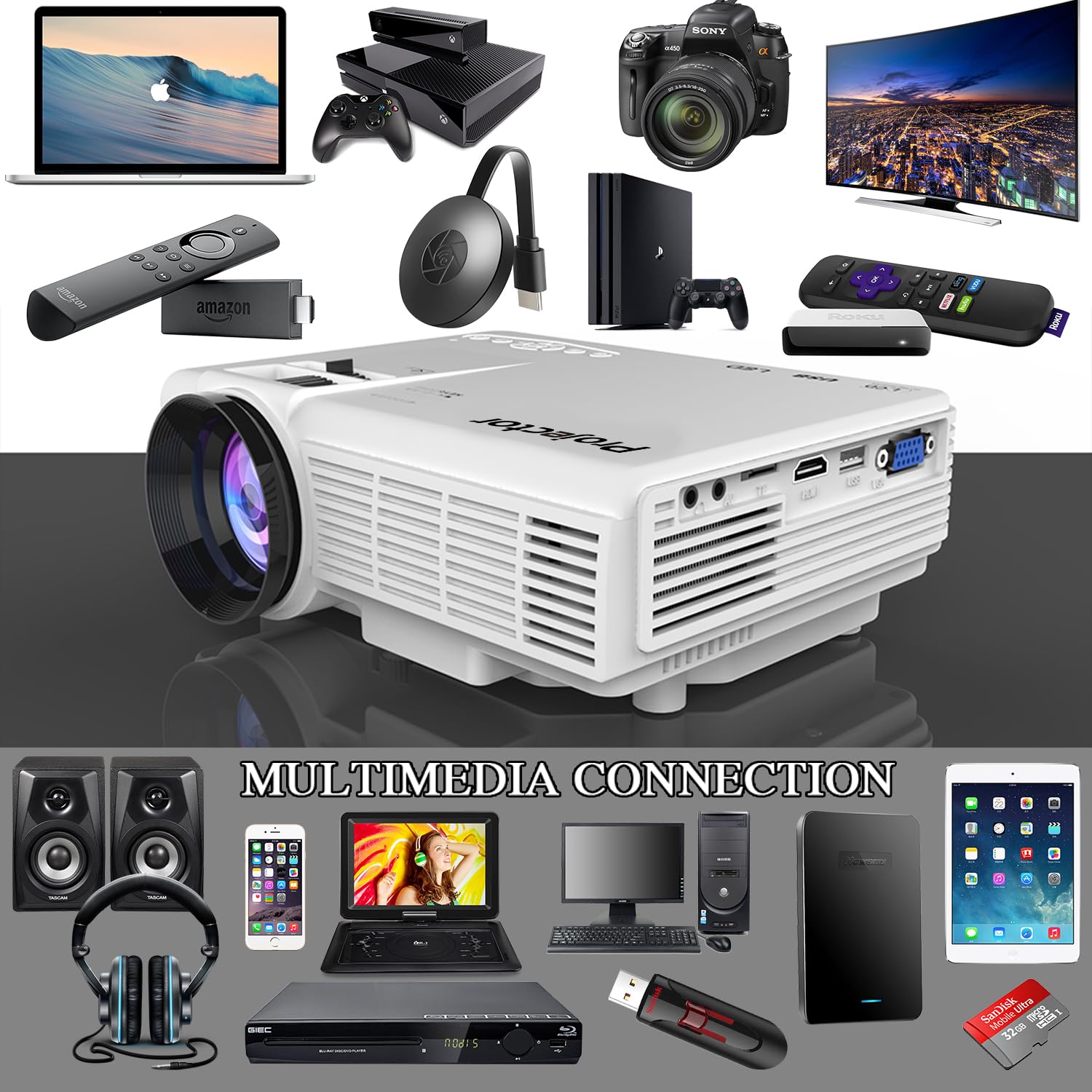 Mini Projector Portable Projector Full Hd 1080P Supported, Home Theater Projector Compatible With Tv Stick, Phone, Games, Hdmi,