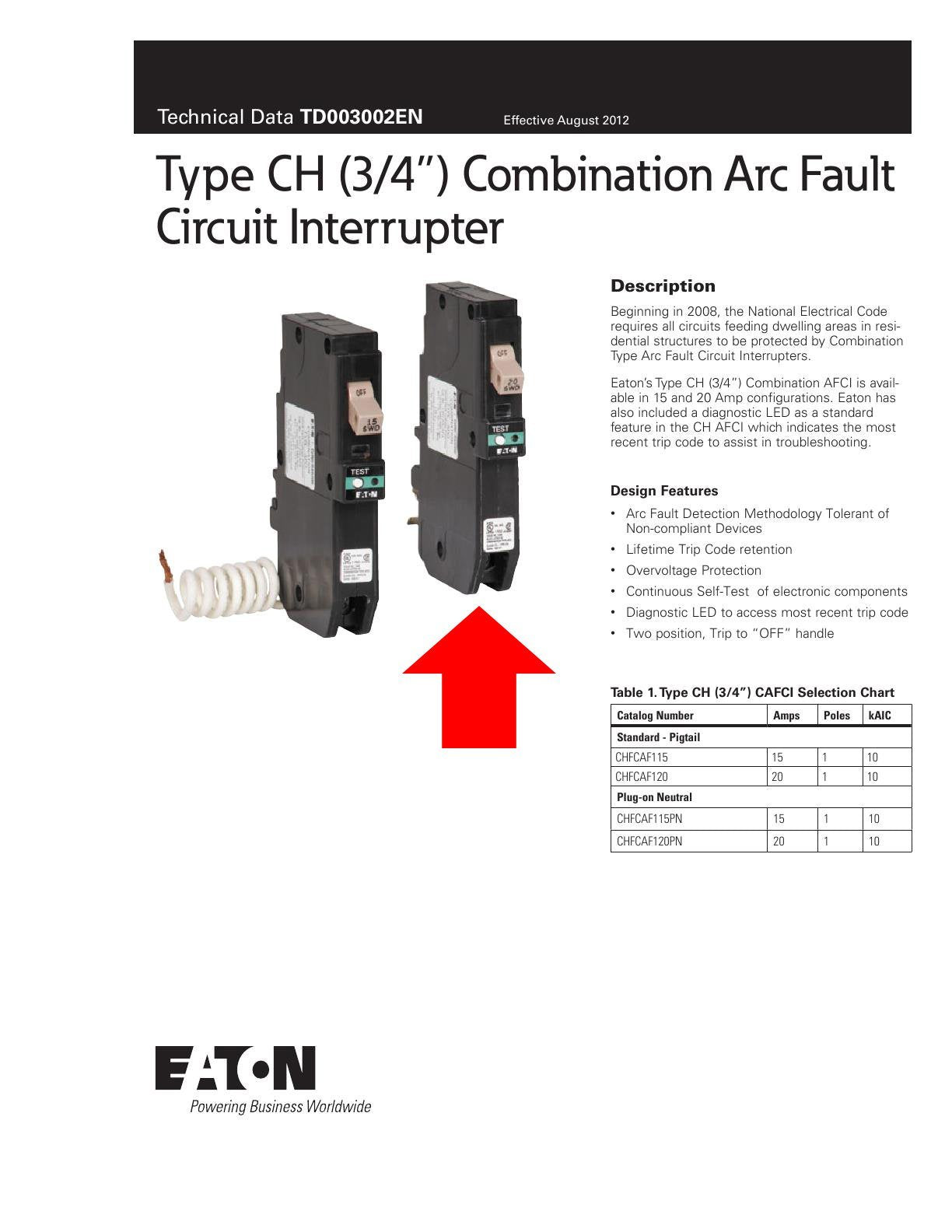 Eaton Chfcaf120Pn Plug-In Mount Type Ch Combination Arc Fault Circuit Breaker 1-Pole 20 Amp 120 Volt Ac Fire-Guard