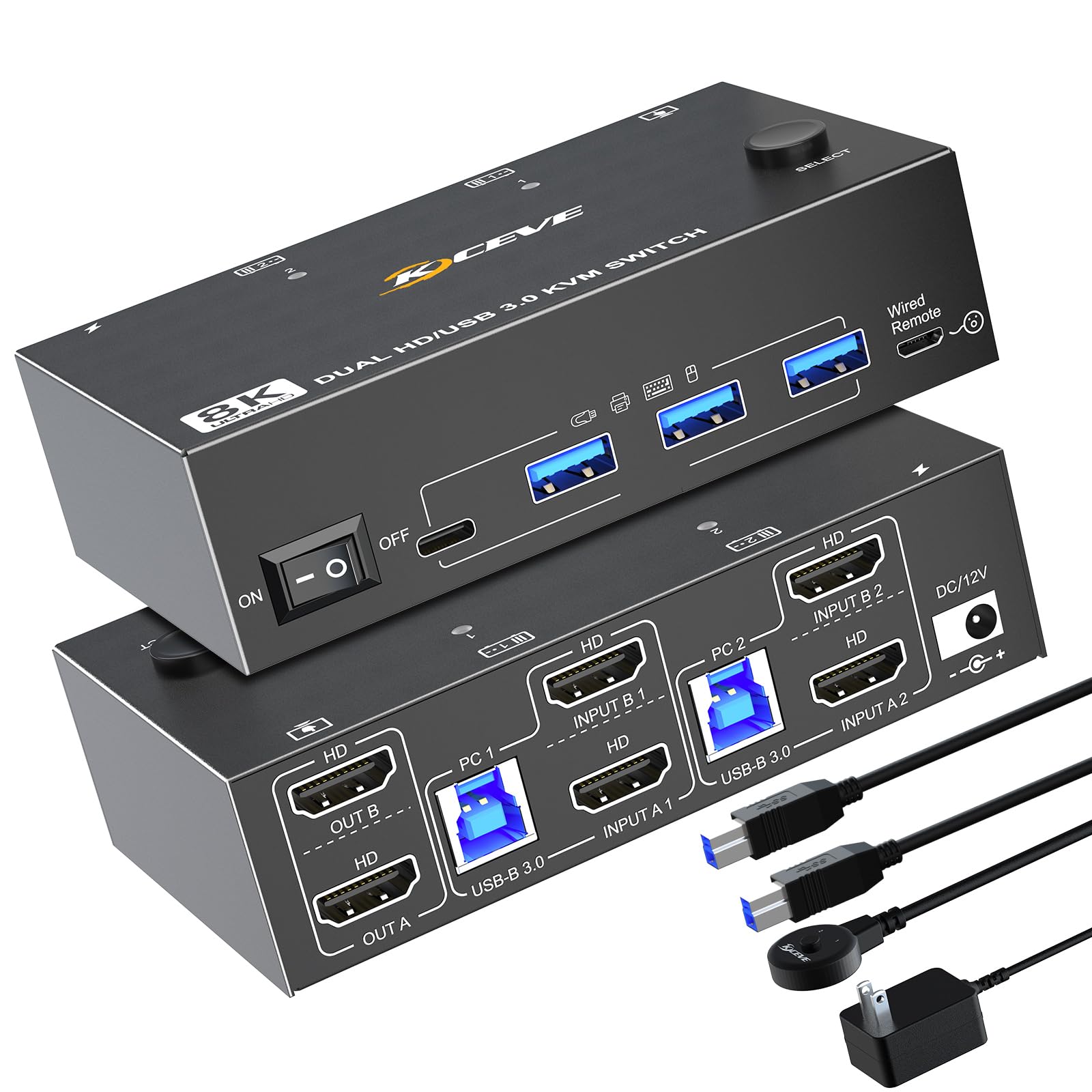 8K Hdmi Kvm Switch 2 Monitors 2 Computers, Dual Monitor Kvm Switches Hdmi Support 8K@60Hz 4K@120Hz, For 2 Pcs And 4 Usb3.0 Devic