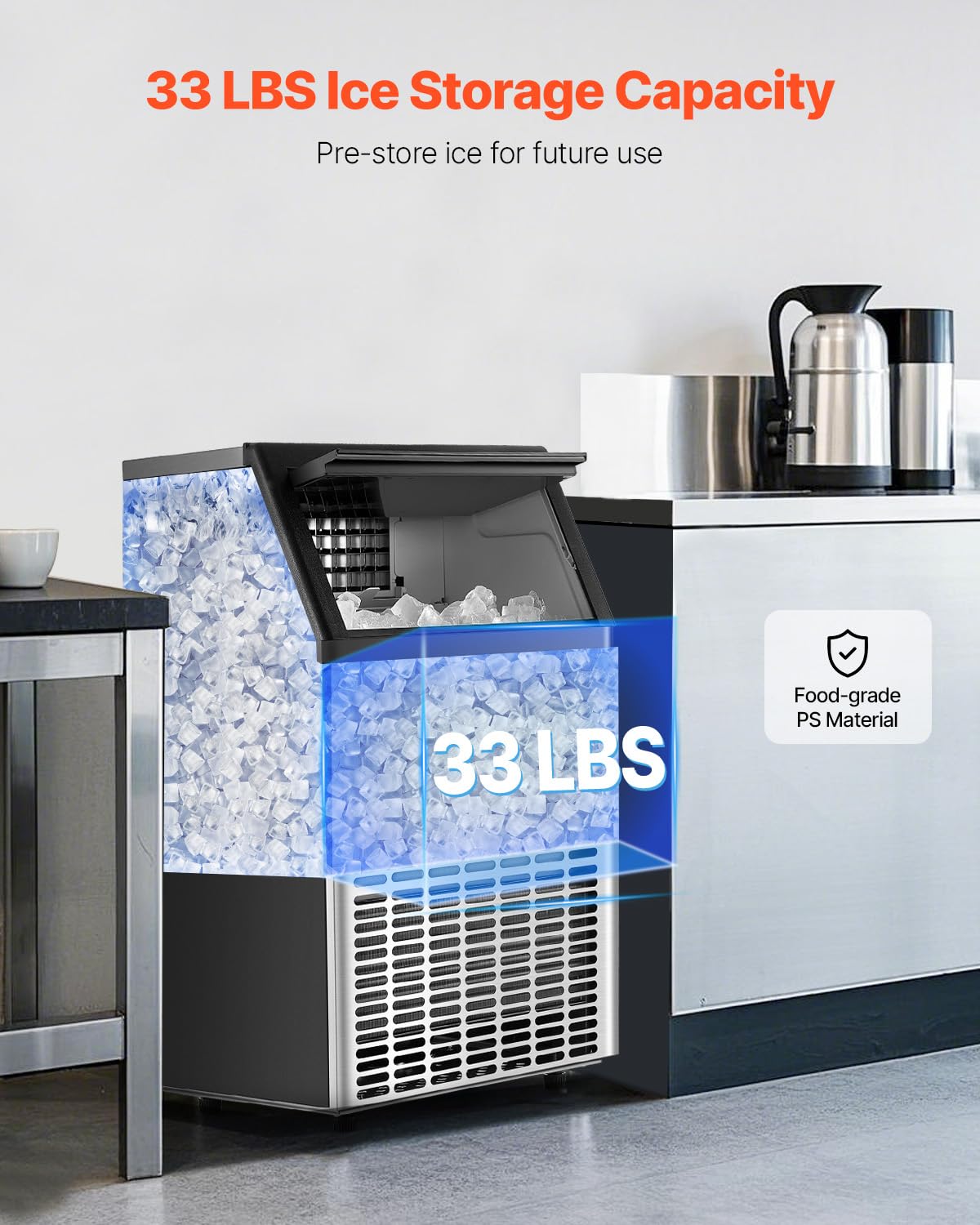 Vevor 150Lbs/24H Commercial Ice Maker Machine With 2 Water Inlets, 45 Ice Cubes In 15 Minutes, With 33Lbs Large Storage Capacity