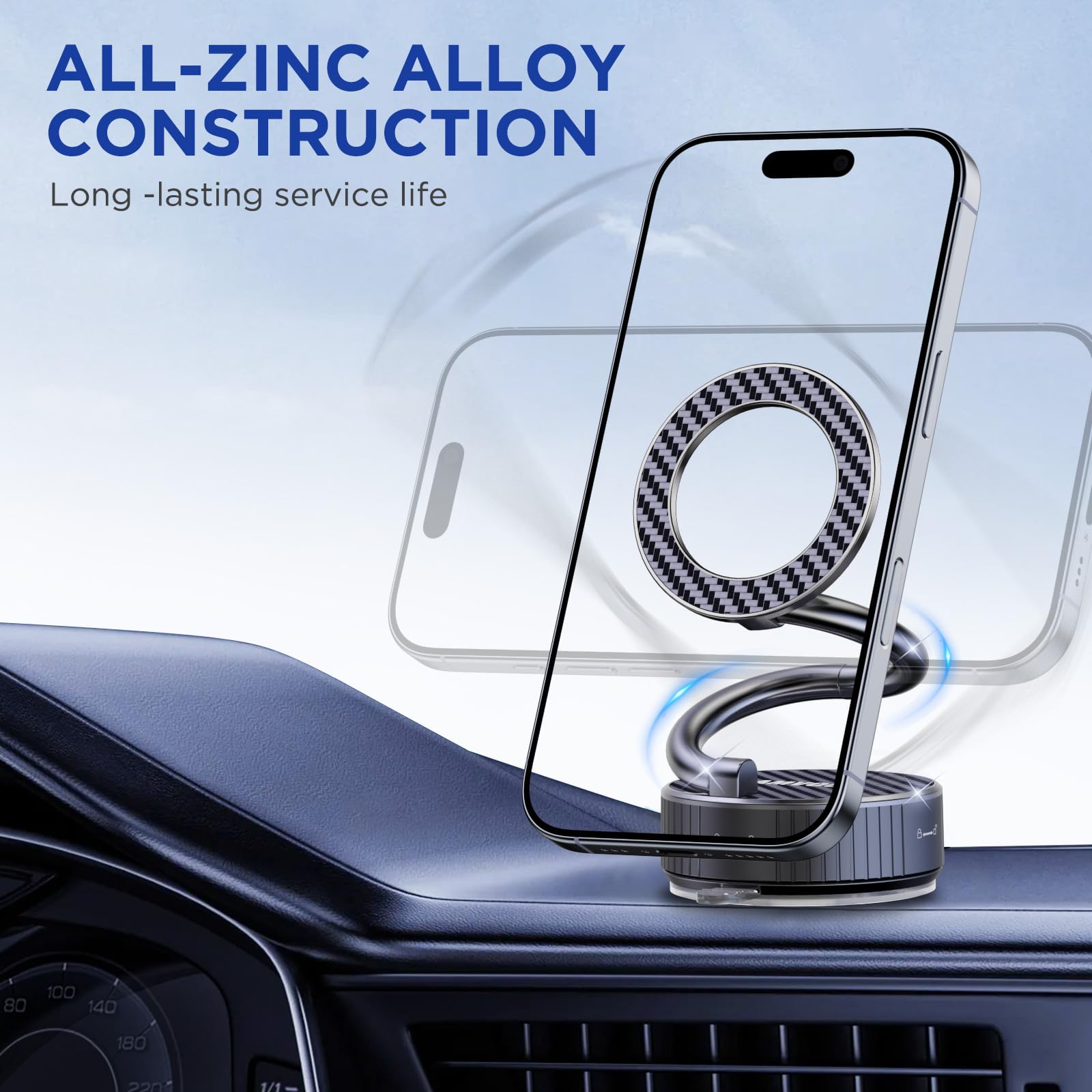 Amvog Car Phone Holder For Magsafe - Zinc Alloy Magnetic Phone Mount, 360 Adjustable, N55 Super Strong Suction Cup, Portable Fol