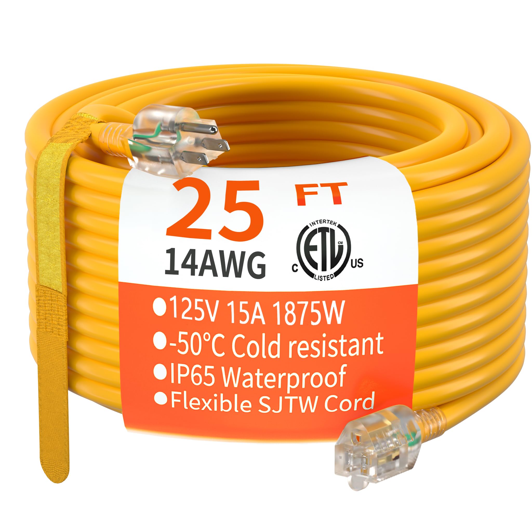 Huanchain 25 Ft 14/3 Gauge Heavy Duty Outdoor Extension Cord Waterproof With Lighted, Flexible Cold Weather 3 Prong Electric Cor