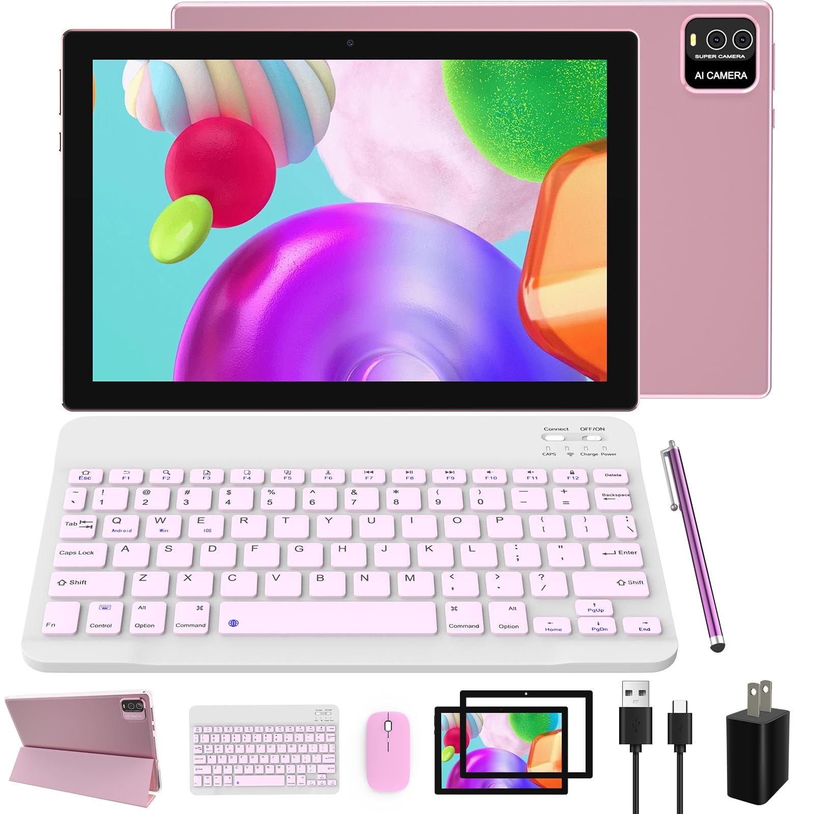 Android Tablet 2 In 1 Tablets 10 Inch, Tablet With Keyboard Mouse Case Protective Film Stylus Android 13.0 Tableta Computer Set