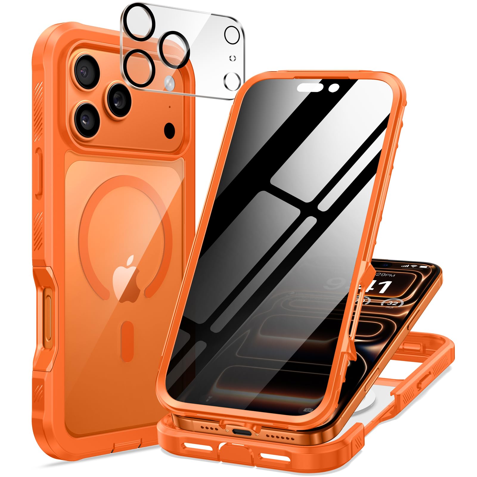 seacosmo for iPhone 17 Pro Case, Full Body Bumper with Built-in Tempered Glass Privacy Screen and Camera Lens Protector, Compati