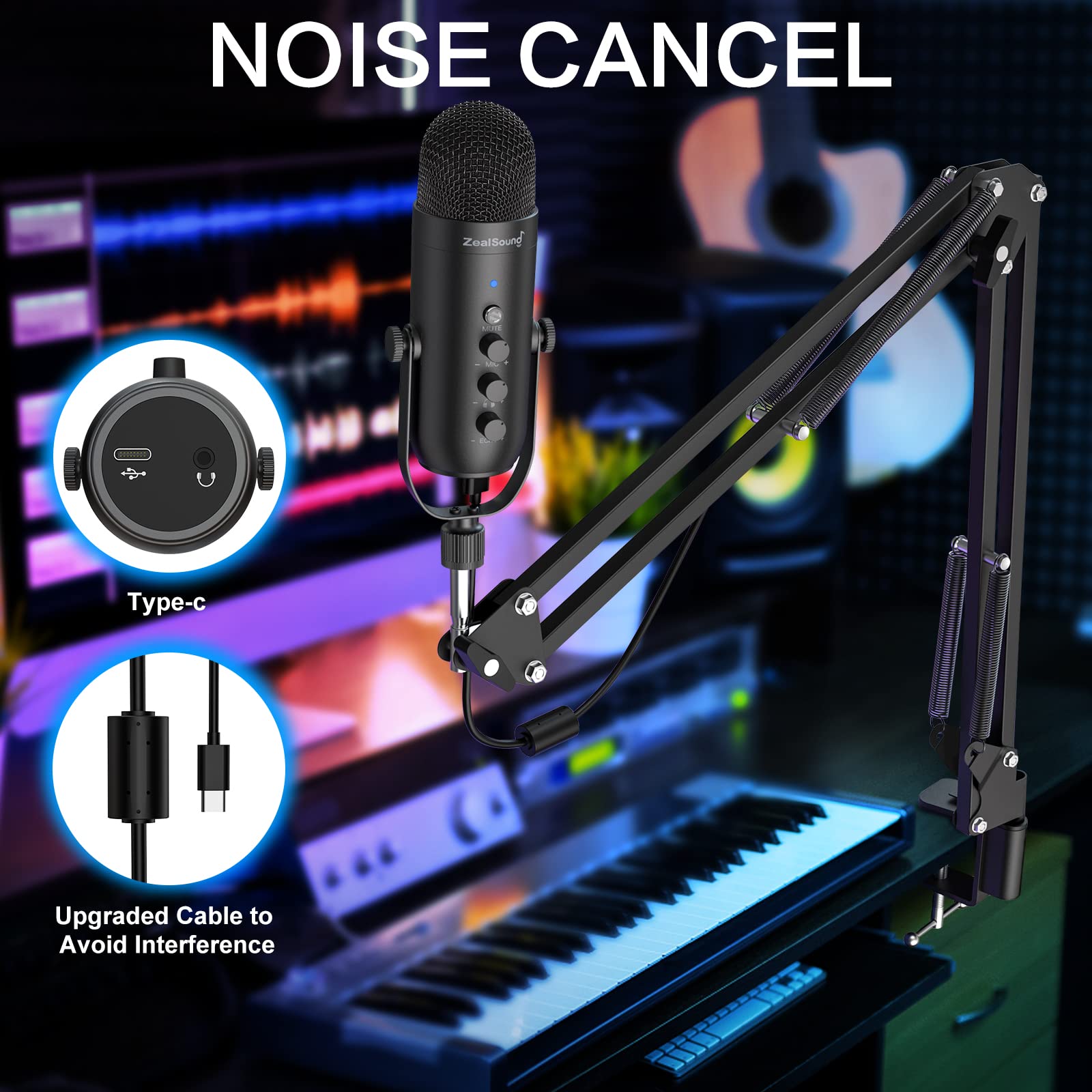 Zealsound Gaming Microphone Kit,Podcast Condenser Usb Mic With Boom Arm,Supercardioid Microphone With Mute Button,Echo Volume Ga