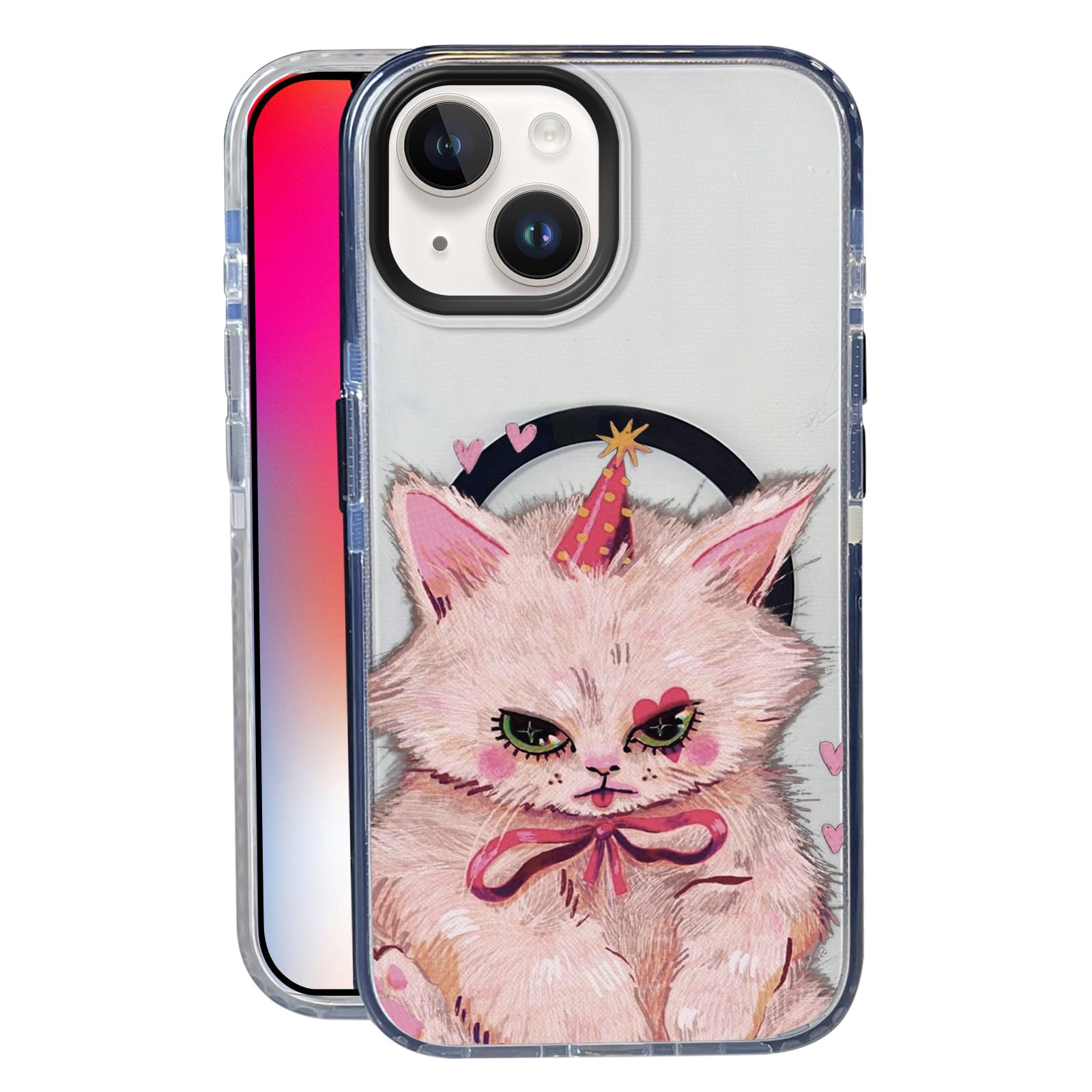 Nimeey Pink Kitten Cat for iPhone 15 Case,MagSafe Compatible,Matte Soft Slim Shockproof Cover,Anti-Fingerprint,Anti-Yellowing,An