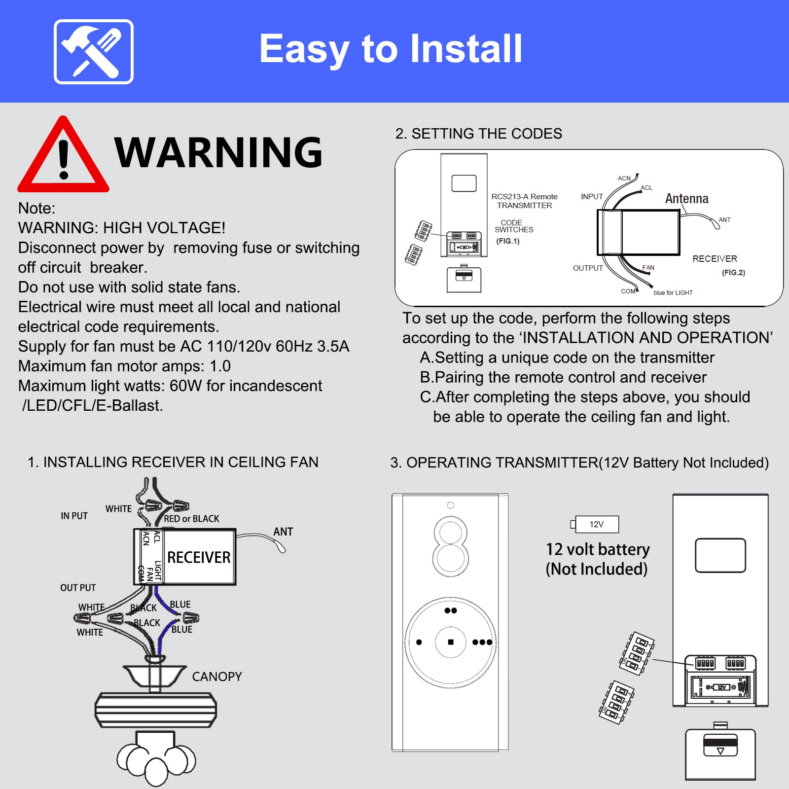 Rcs213 A Ceiling Fan Remote Control Kit Replacement For Hand Held Remote Control System Rcs223, W/ Rcs213 A Remote & Receiver, F