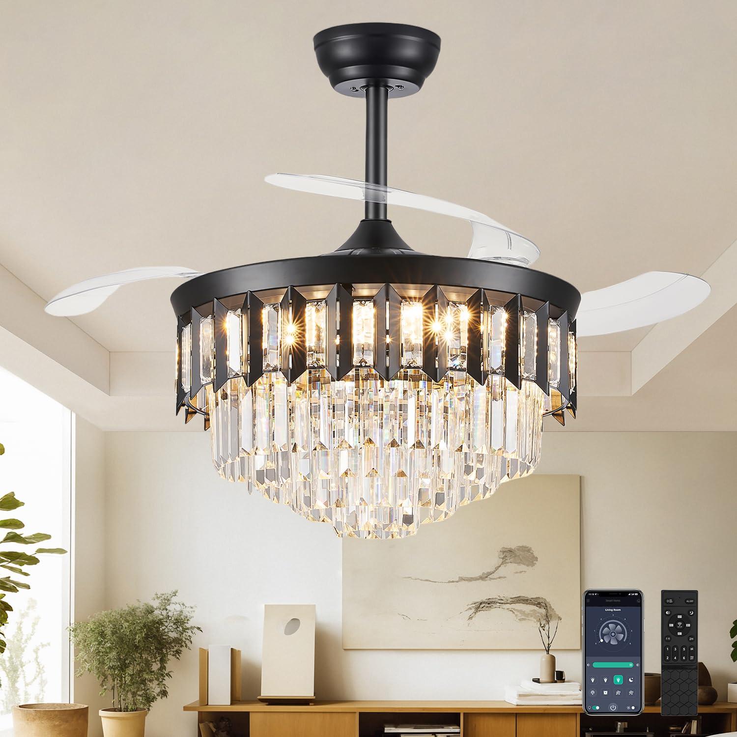 TXCSLY 42 Fandelier Ceiling Fan with Light, Crystal Chandelier Fan with Retractable Blades Dimmable Crystal Ceiling Fan Chandeli