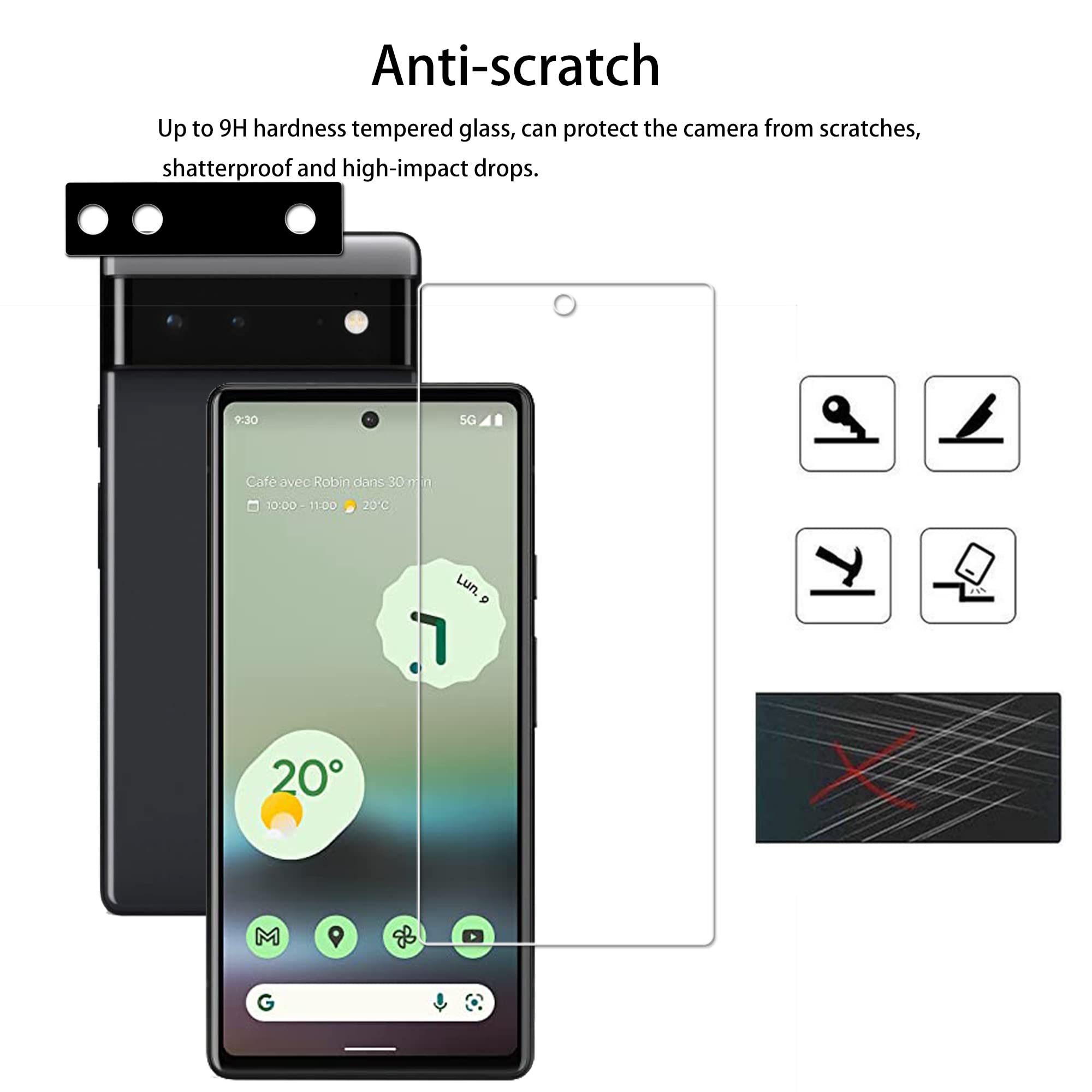 Hkkais Easy Alignment Frame Designed For Google Pixel 6A 5G Tempered Glass Screen Protector 2 Pack Camera Lens Protector Film 2