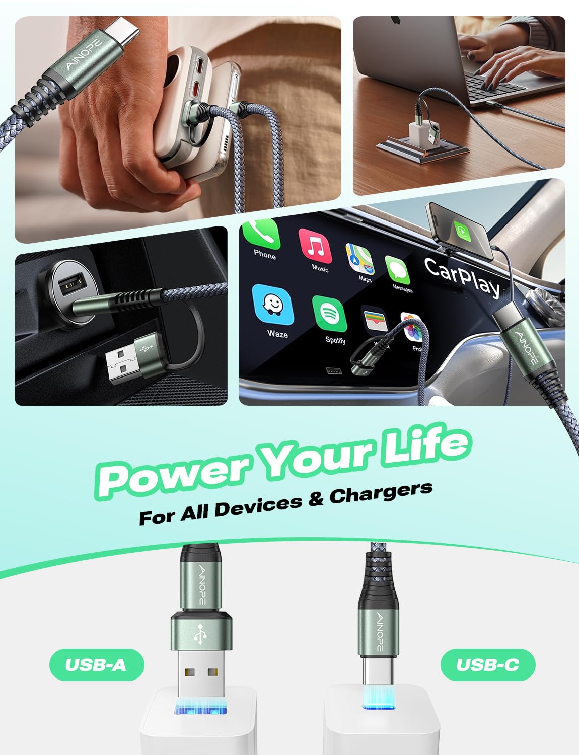 Ainope Usb C Cable 16Ft Type C Charger Fast Charging 60W Cable Sturdy Nylon Braided 3.1A Usb A/C To Usb C Cable For Iphone 15 Pr