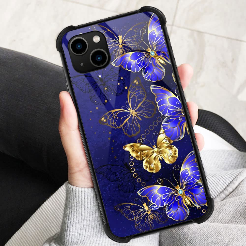 ZHEGAILIAN iPhone 13 Case Blue Gold Butterfly Pattern Anti-Scratch Organic Glass TPU 6.1-inch
