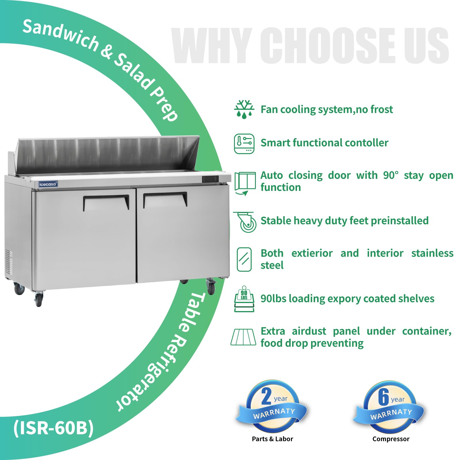 Icecasa 60'' W Commercial Refrigerator Sandwich&Salad Prep Table Single Door Stainless Steel Counter Fan Cooling Refrigerator Wi