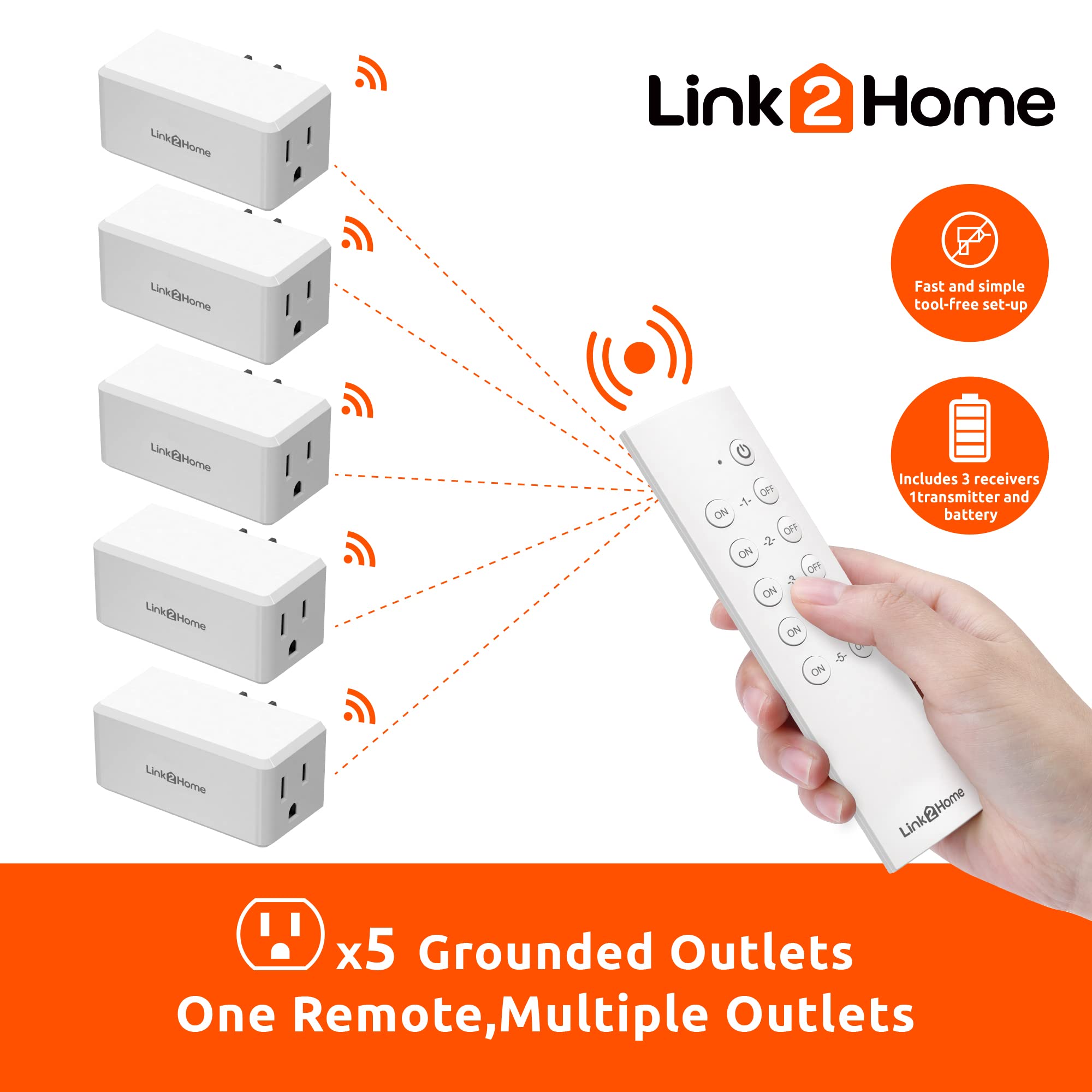 Link2Home Wireless Remote Control Outlet Light Switch, 100 Ft Range, Unlimited Connections. Compact Side Plug. Switch On/Off Hou