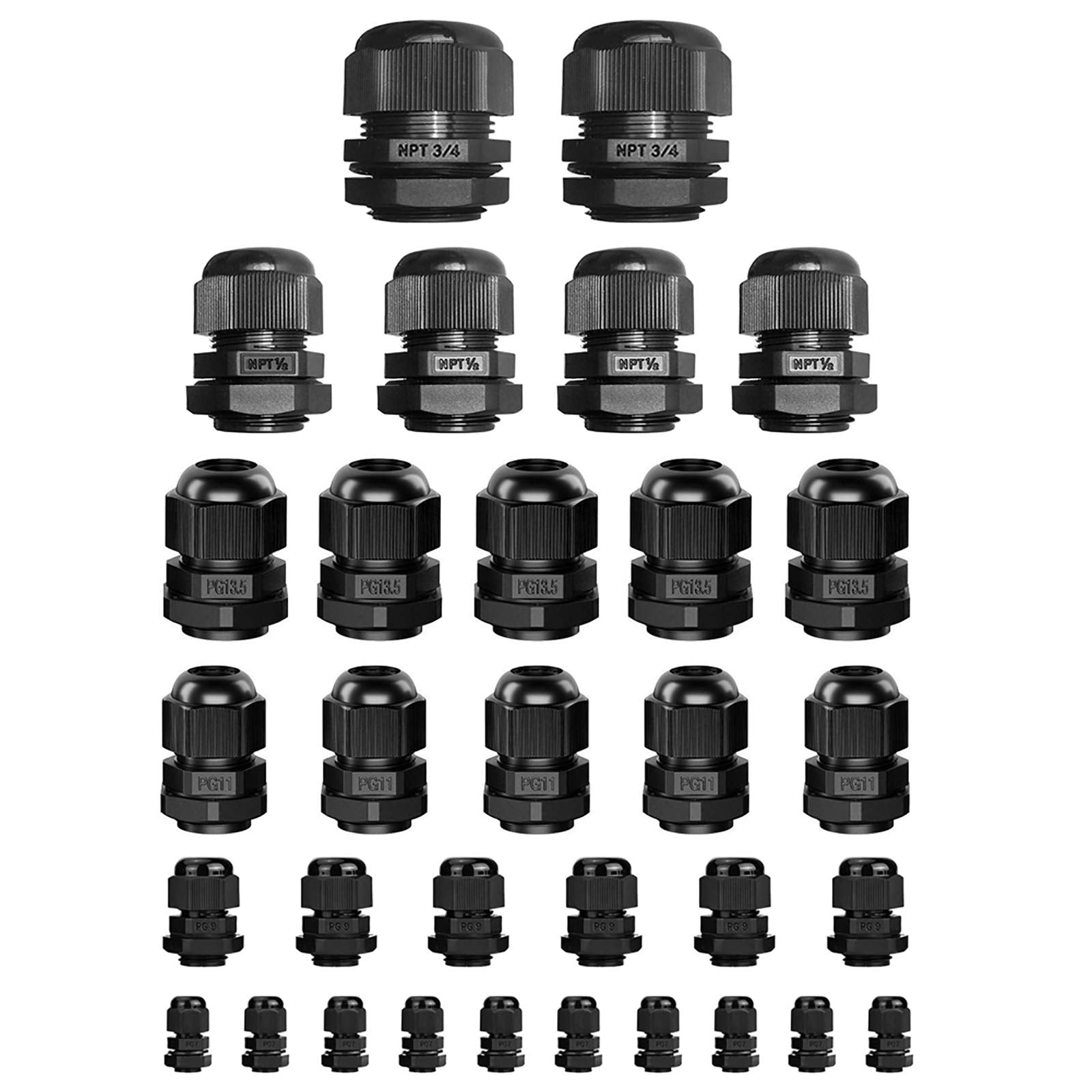 Ispinner 32Pcs Nylon Cable Gland Waterproof Ip68 Adjustable 3 18Mm, Npt 3/4, Npt 1/2, Pg13.5, Pg11, Pg9, Pg7 (Black)