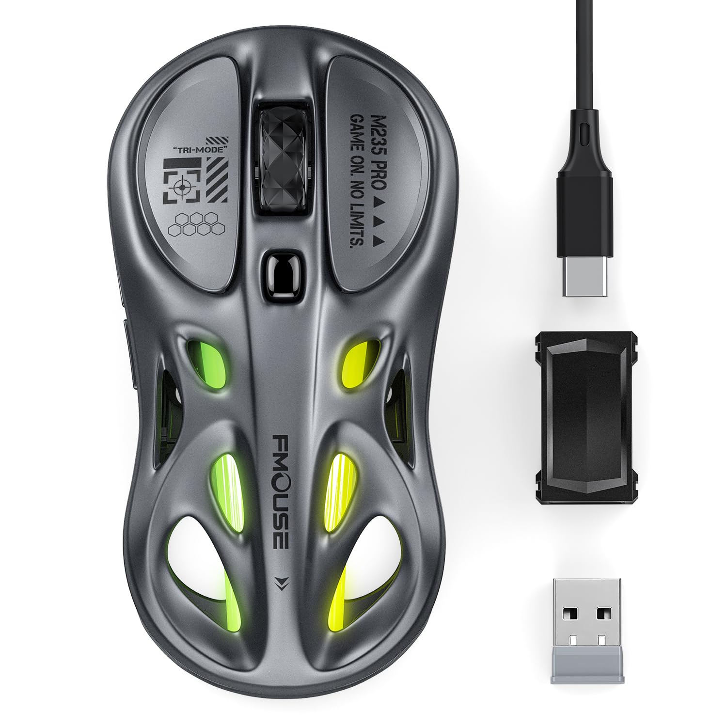 FMOUSE Gaming Wireless Mouse, Tri-Mode (2.4G/Bluetooth/Wired), 4800 DPI, 1000Hz Ergonomic Hollow RGB Rechargeable Type-C for Mac