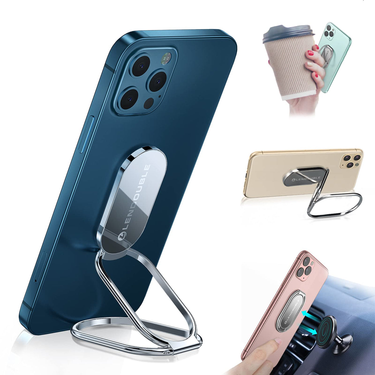 Foldable Cell Phone Stand For Desk, Adjustable Cellphone Ring Holder Finger Kickstand For Office Desktop & Magnetic Car Mount, R