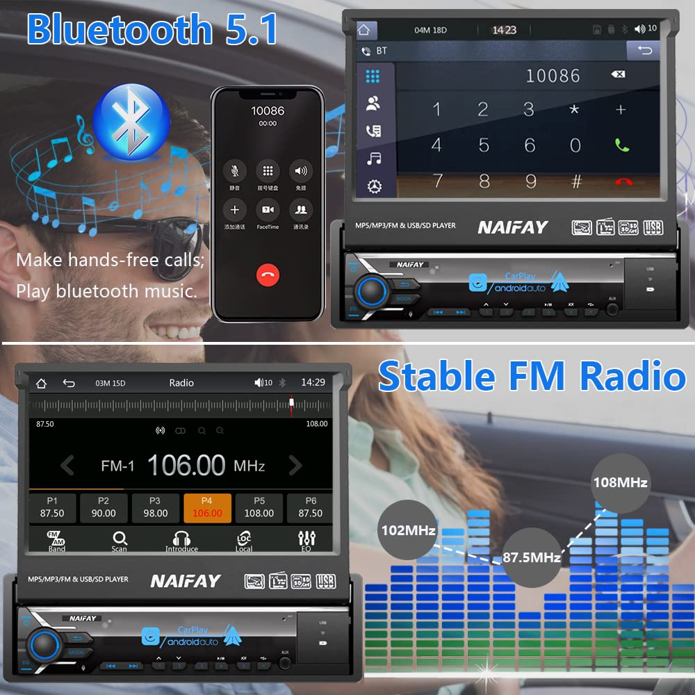 Naifay Single Din Touchscreen Car Stereo With Carplay & Android Auto, 7Inch Flip Out Screen Car Stereo With Bluetooth Car Audio
