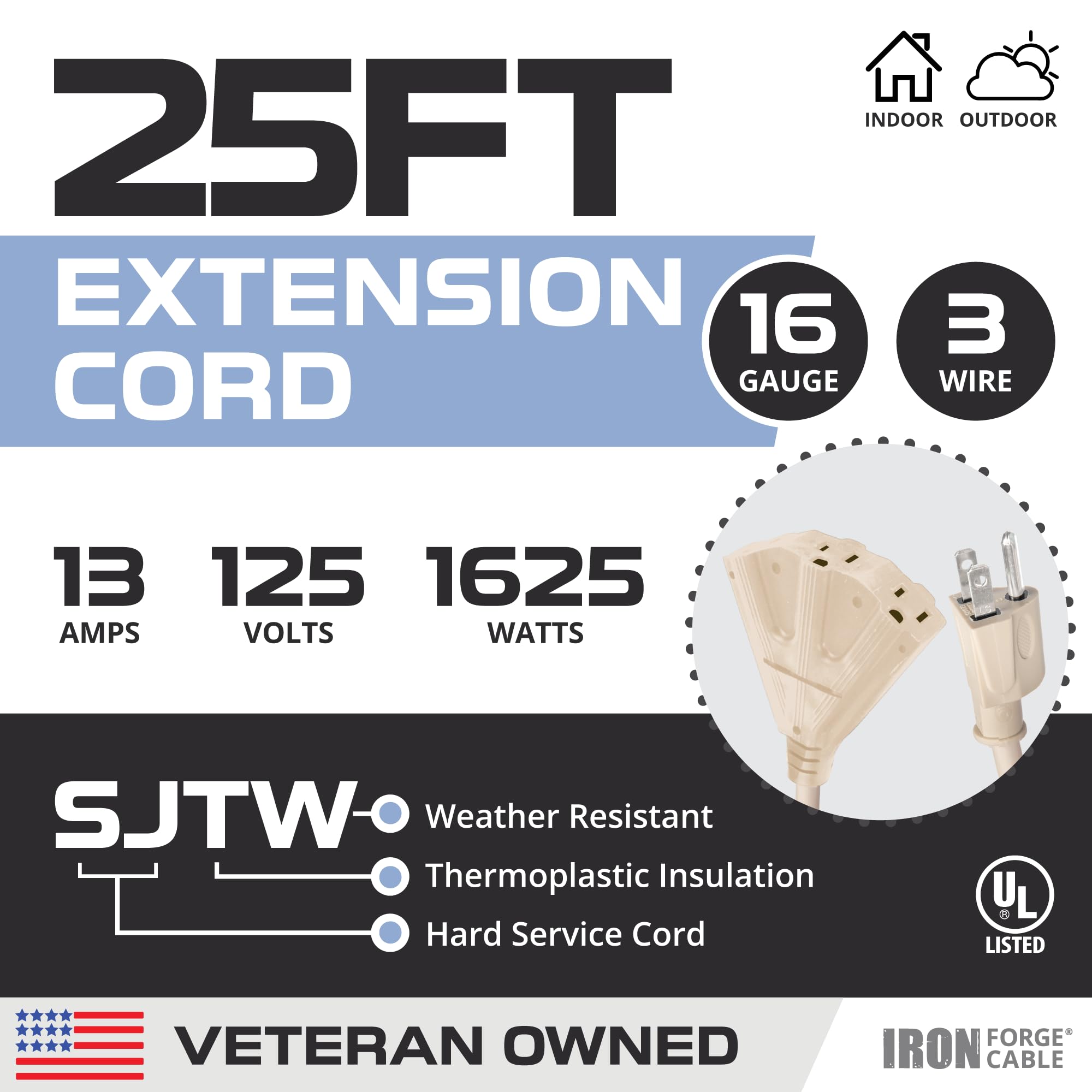 Iron Forge Cable Beige Outdoor Extension Cord 25 Ft   3 Outlet 16 Gauge 13 Amp Heavy Duty Power Extension Cords   Sjtw   Great F