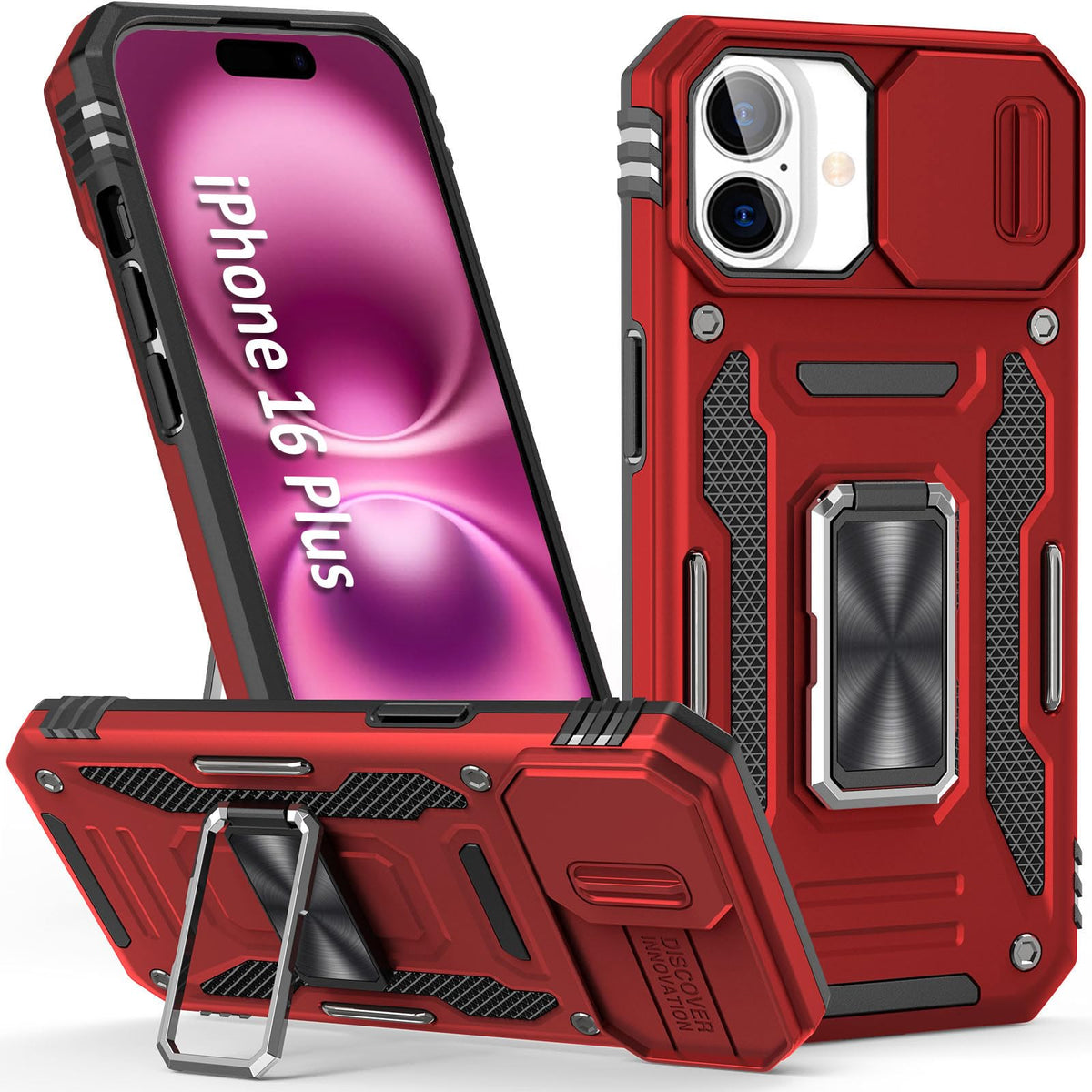 Sefing Phone Case For Iphone 16 Plus Case 16 Plus Phone Case With Slide Camera Cover, With Finger Ring Holder Stand, Fit Magnet 