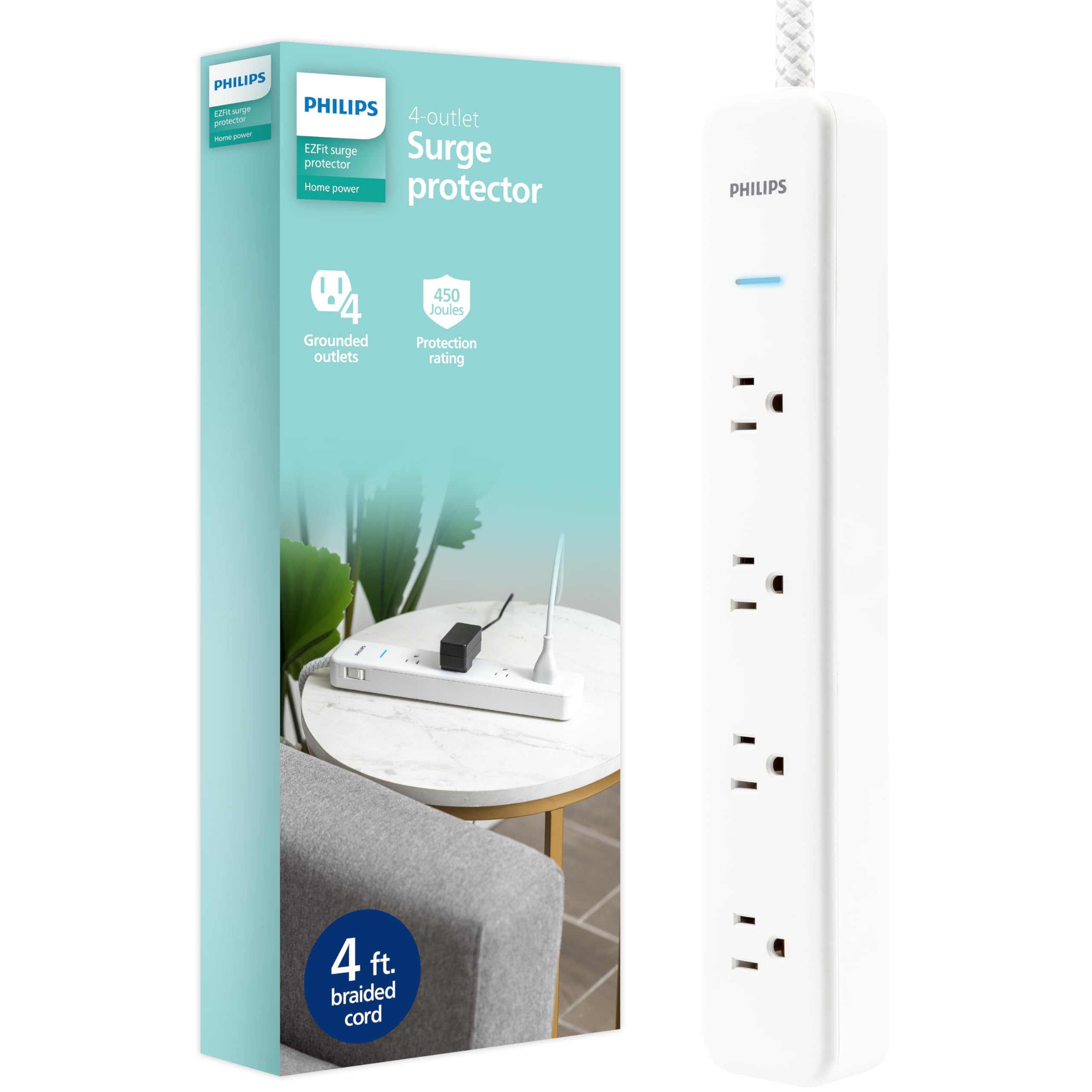 Philips 4 Outlet Surge Protector, 4Ft Braided Extension Cord, 450J, Adapter Spaced, White   Spp3563W/37
