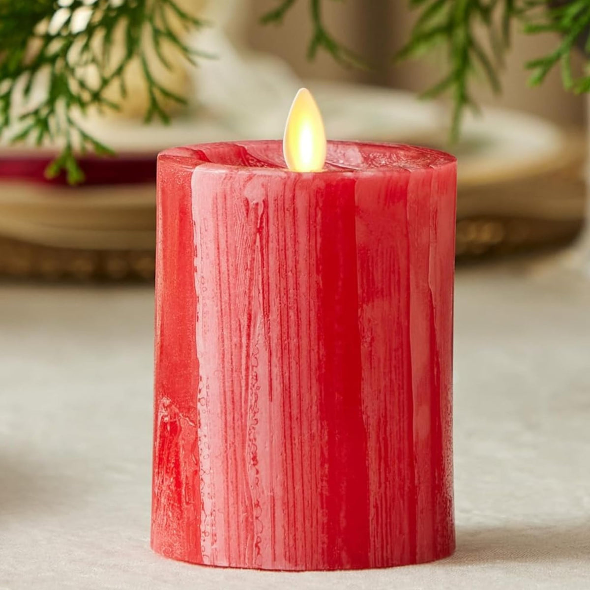 Luminara Selenite Looking Flameless Candle, Holiday Red 3'' X 4.5'', Battery Operated Real Wax Moving Flame Led Pillar W/Timer, 