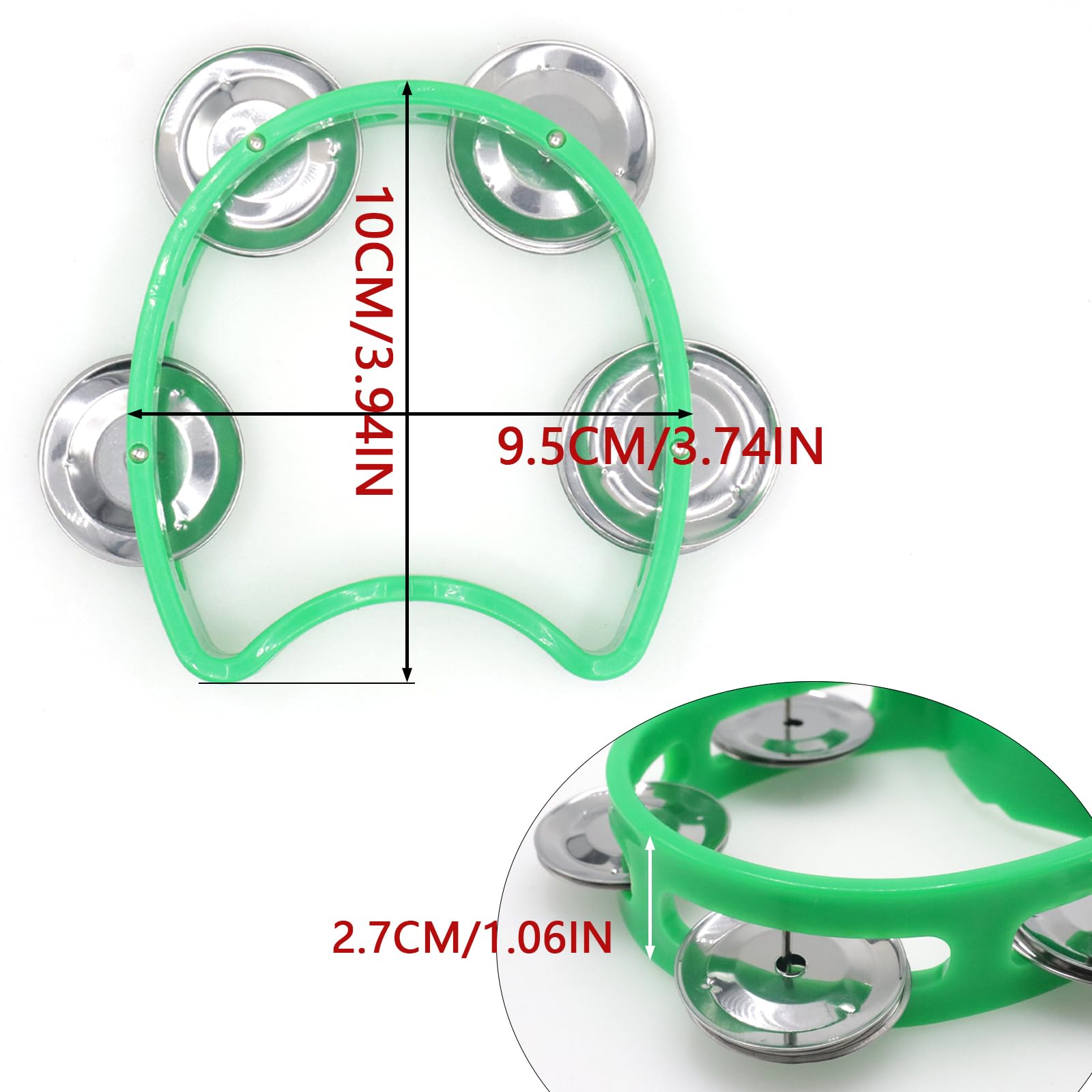 Cheerock Pack Of 2 Plastic Percussion Handheld Tambourines With 4 Jingle Bells, Green Mini Hand Bell Percussion, Musical Rhythm