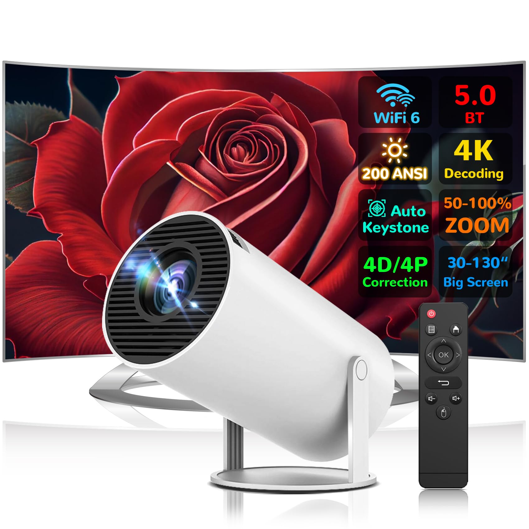 Mini Portable Projector With Wifi 6,1080P 4K Projector Auto Keystone Correction 200 Ansi Smart Projector Bt 5.0 Screen Adjustmen