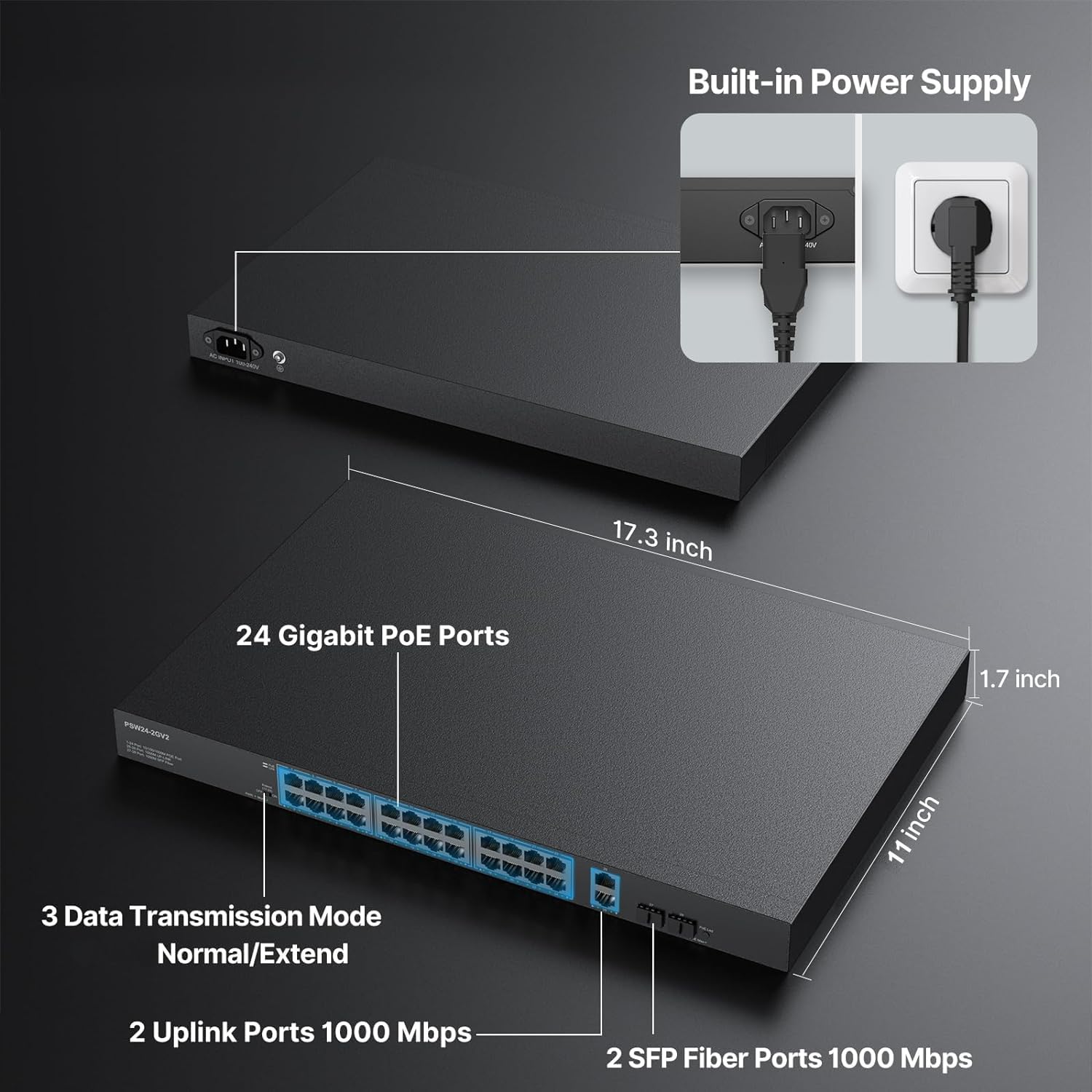 24 Port Full Gigabit Poe Switch With 2 Gigabit Sfp Uplink Ports, Total Budget 400W, 48V Standard Poe, 803.Af/At Compliant, Unman