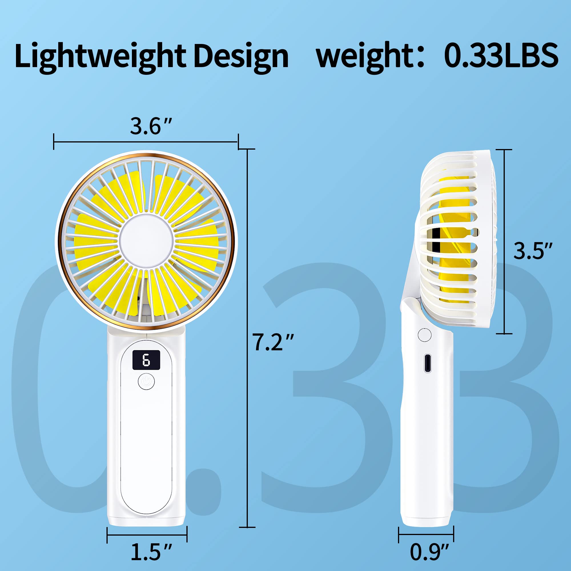Handheld Fan, Portable Fan, 4000Mah Usb Rechargeable Personal Fan, 180 Foldable Mini Desk Fan With 6 Wind Speed, Lcd Digital Dis