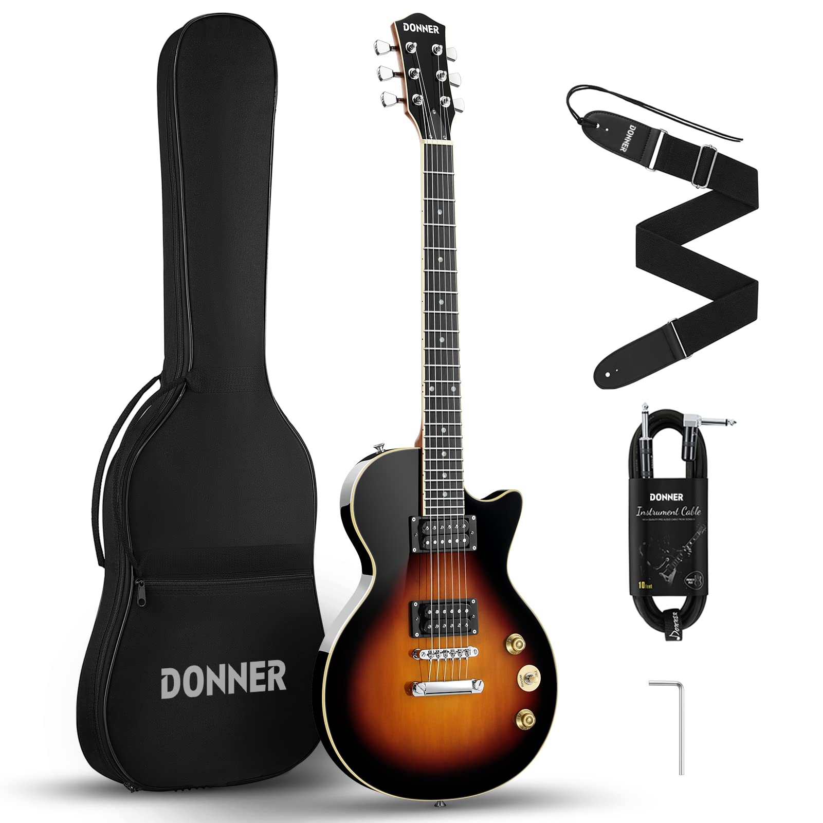 Donner Electric Guitar Lp Solid Body, Full Size 39 Inch Electric Guitar Beginner Kit Black With Bag, Cable, Strap, Dlp 124B