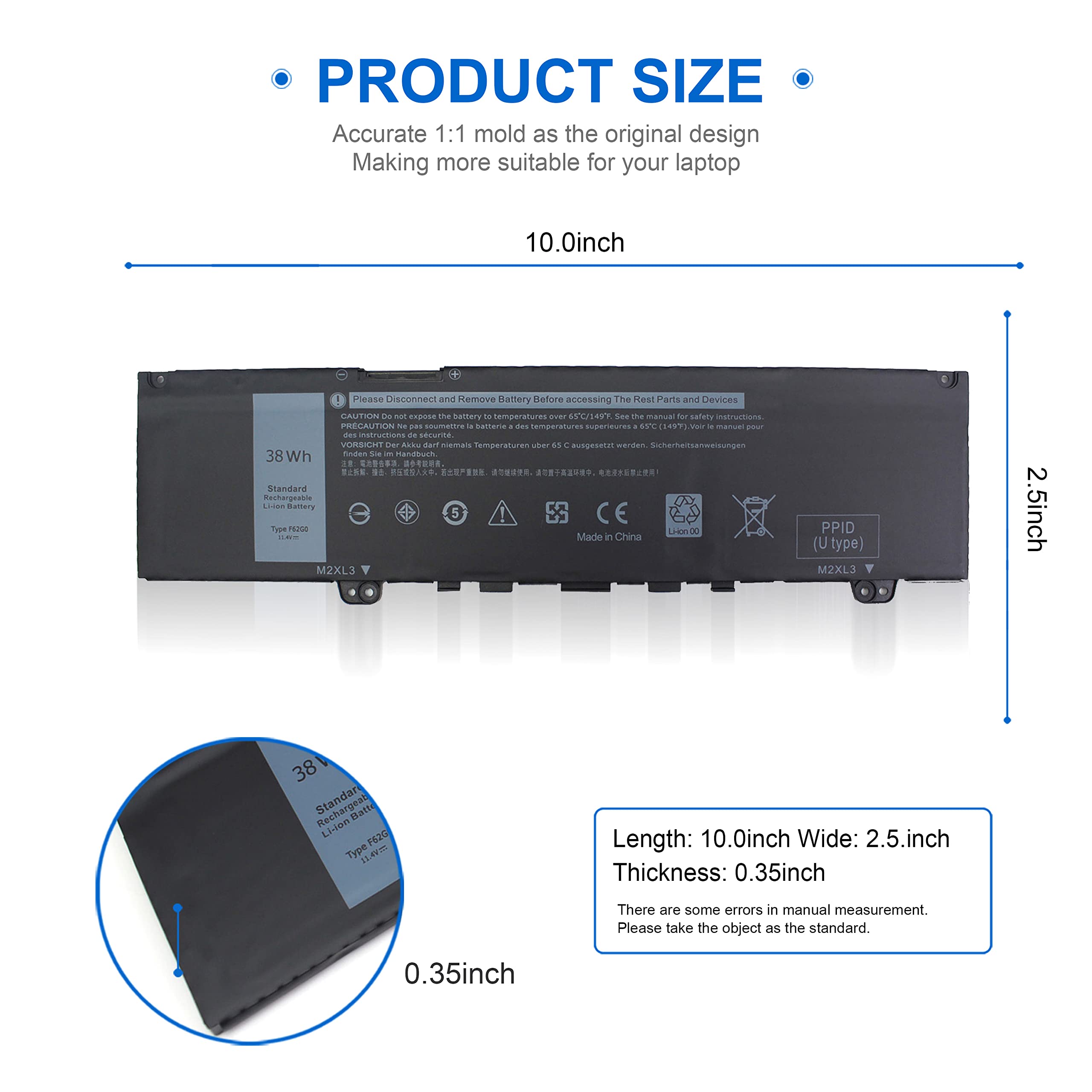 38Wh F62G0 Battery For Dell Inspiron 13 7000 7373 7386 7370 39Dy5 2 In 1 7380 5370 P83G P83G001 P91G P87G P91G001 P83G002 P87G00